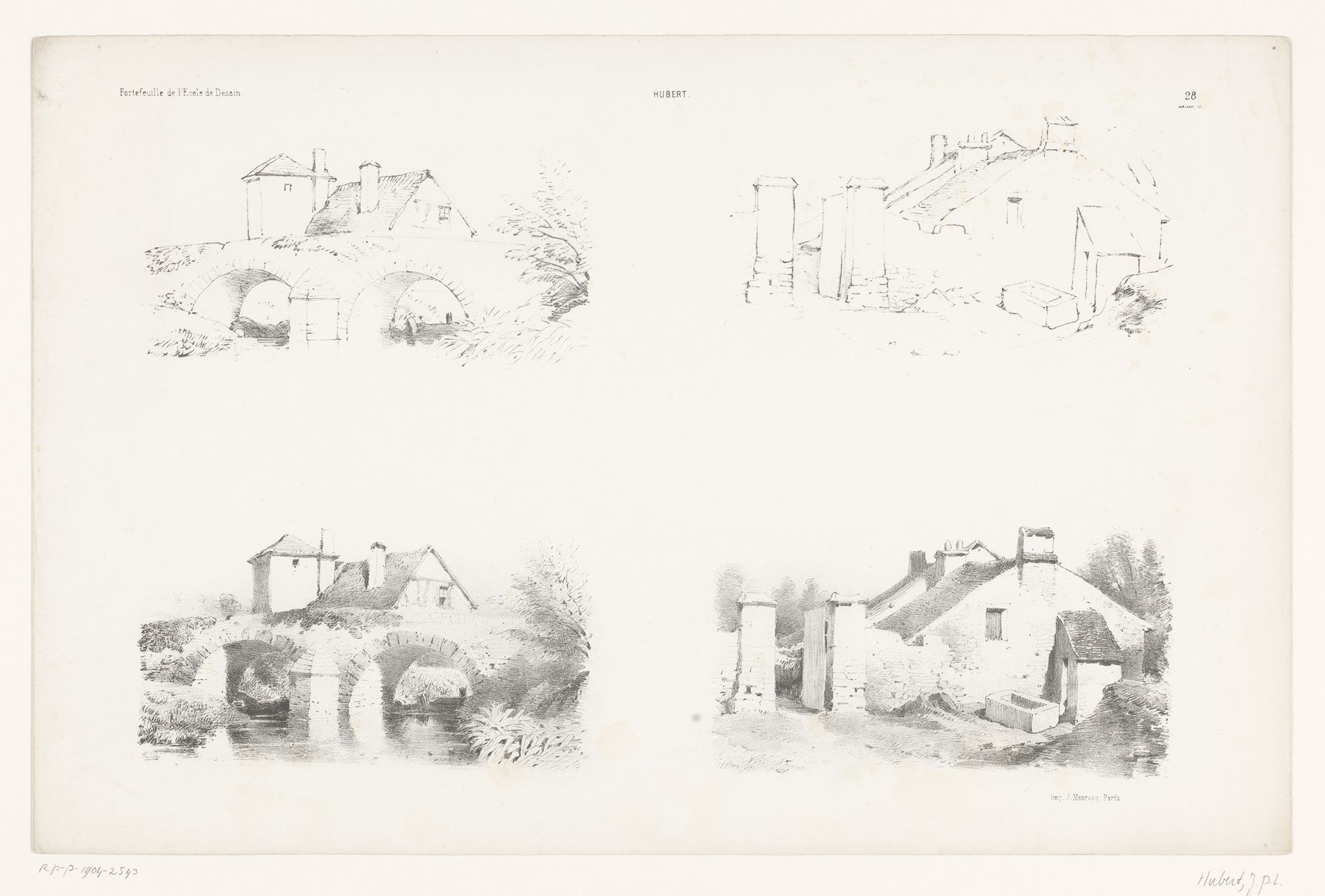 Twee voorstellingen van huizen in twee tekenstappen by Jean Baptiste Louis Hubert