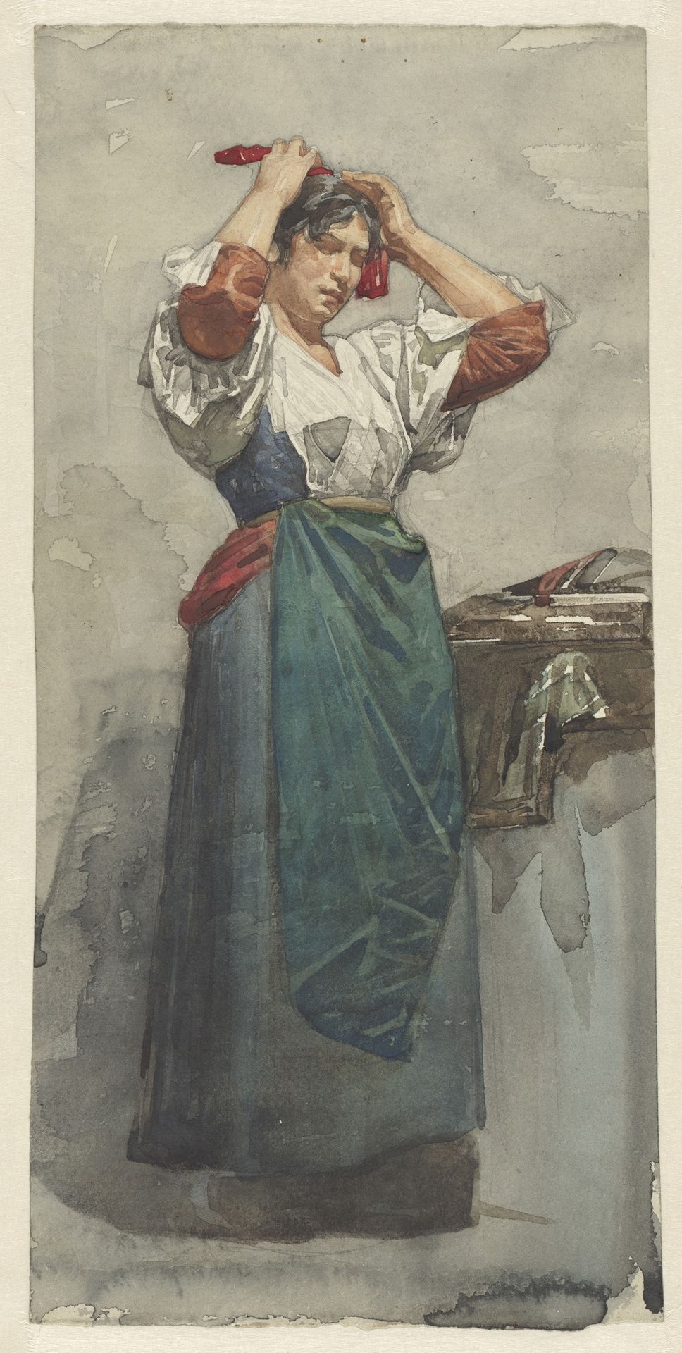 Compositie van een onbekende vrouw, het haar opmakend by Willem Witsen
