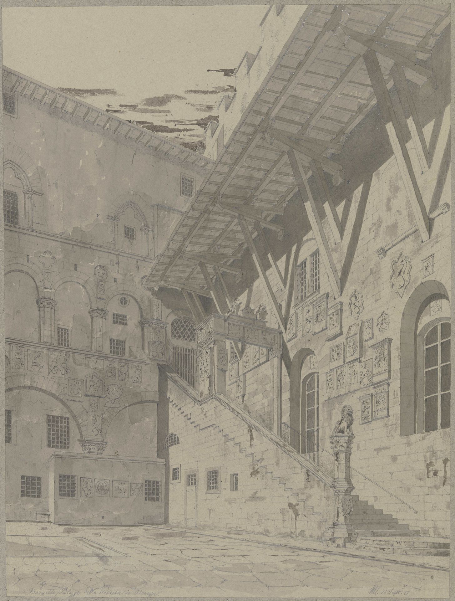 Hof des Bargello in Florenz by Friedrich Wilhelm Ludwig