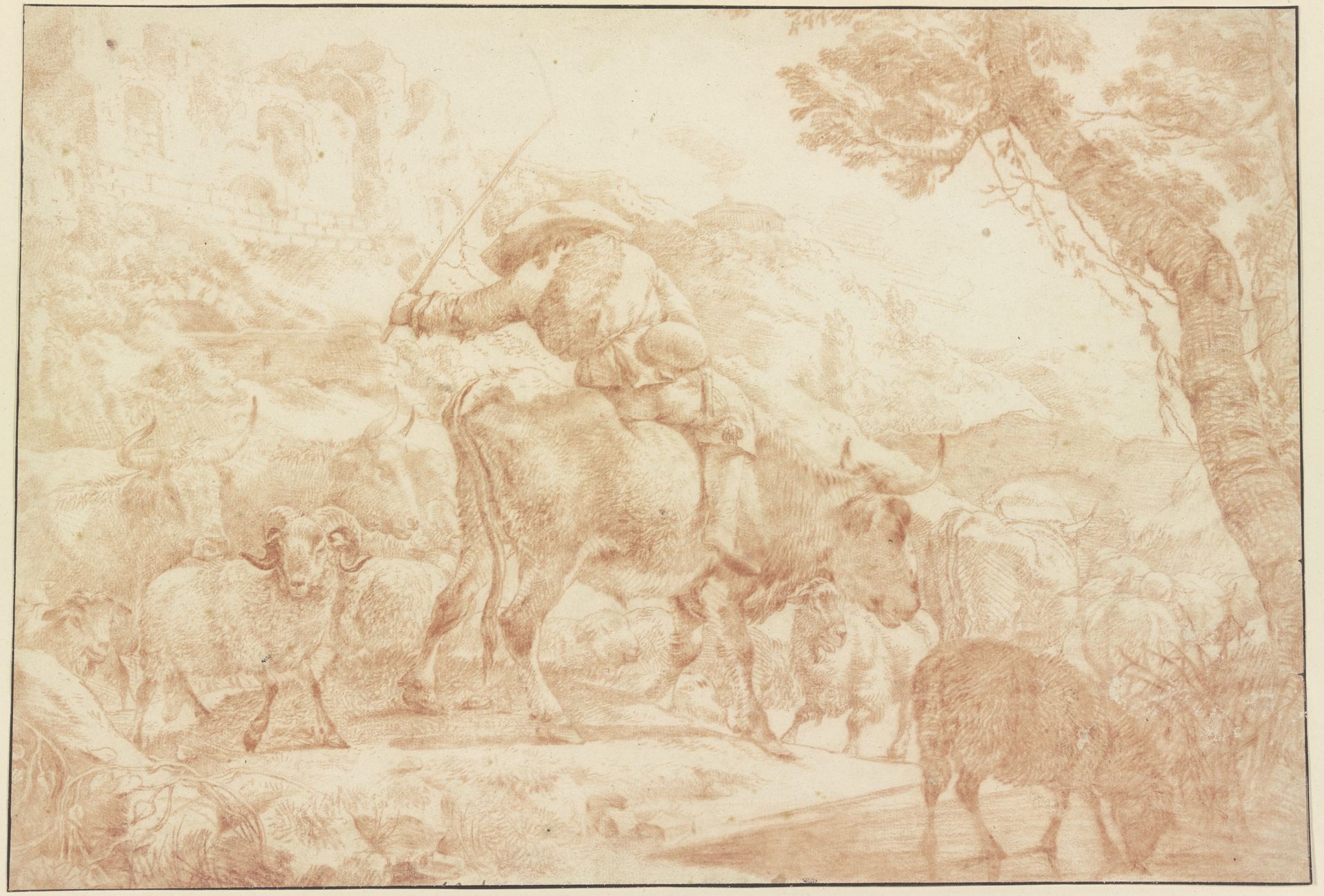 Ein auf einem Ochsen reitender Hirte treibt seine Herde heimwärts by Johann Heinrich Roos