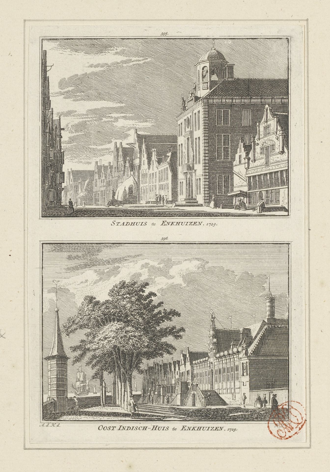 Gezicht op het stadhuis en gezicht op het Oost-Indisch Huis te Enkhuizen, 1729 by Hendrik Spilman