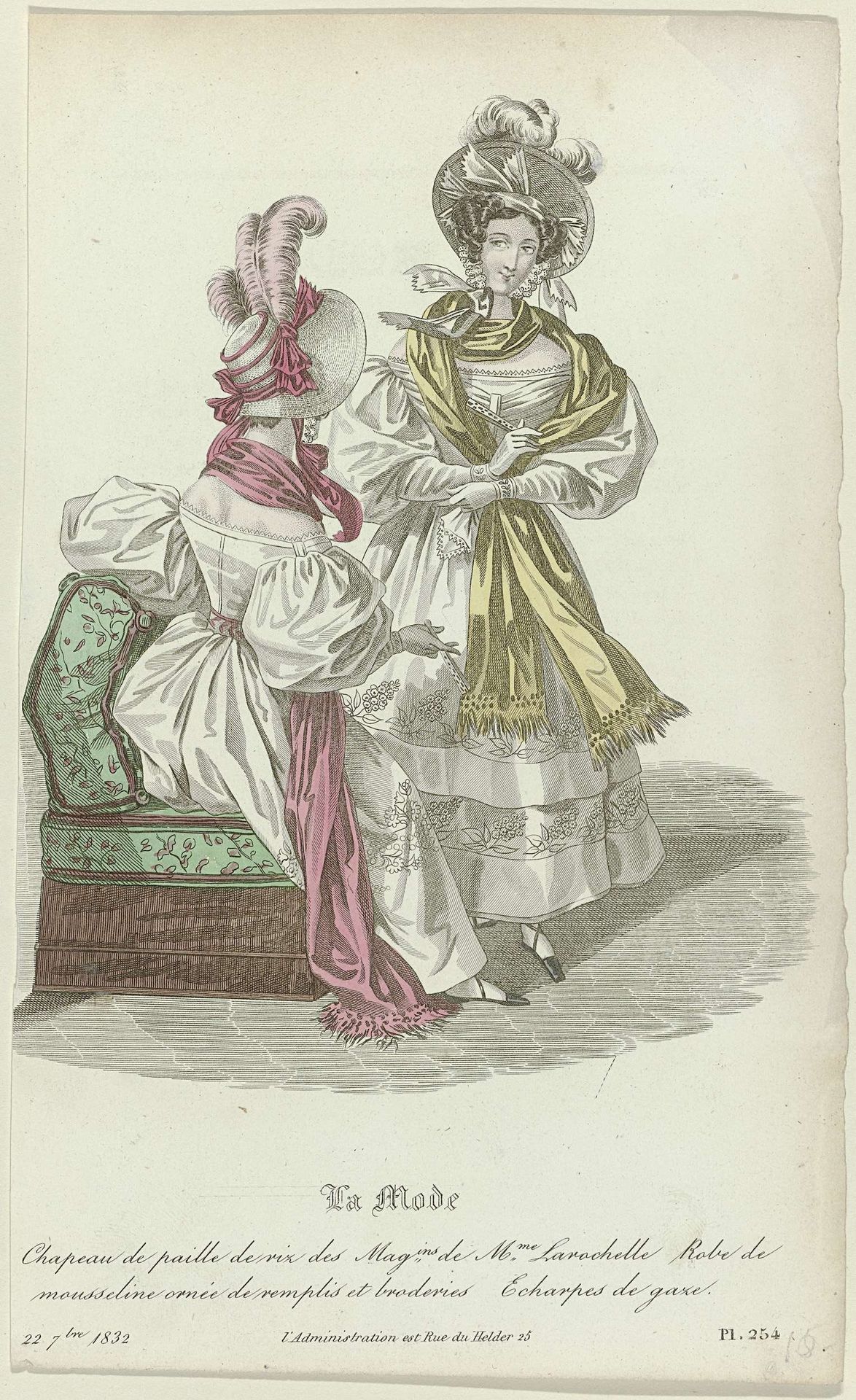 La Mode, 22 septembre 1832, Pl. 254 : Chapeau de paille de riz (...) by August Delvaux