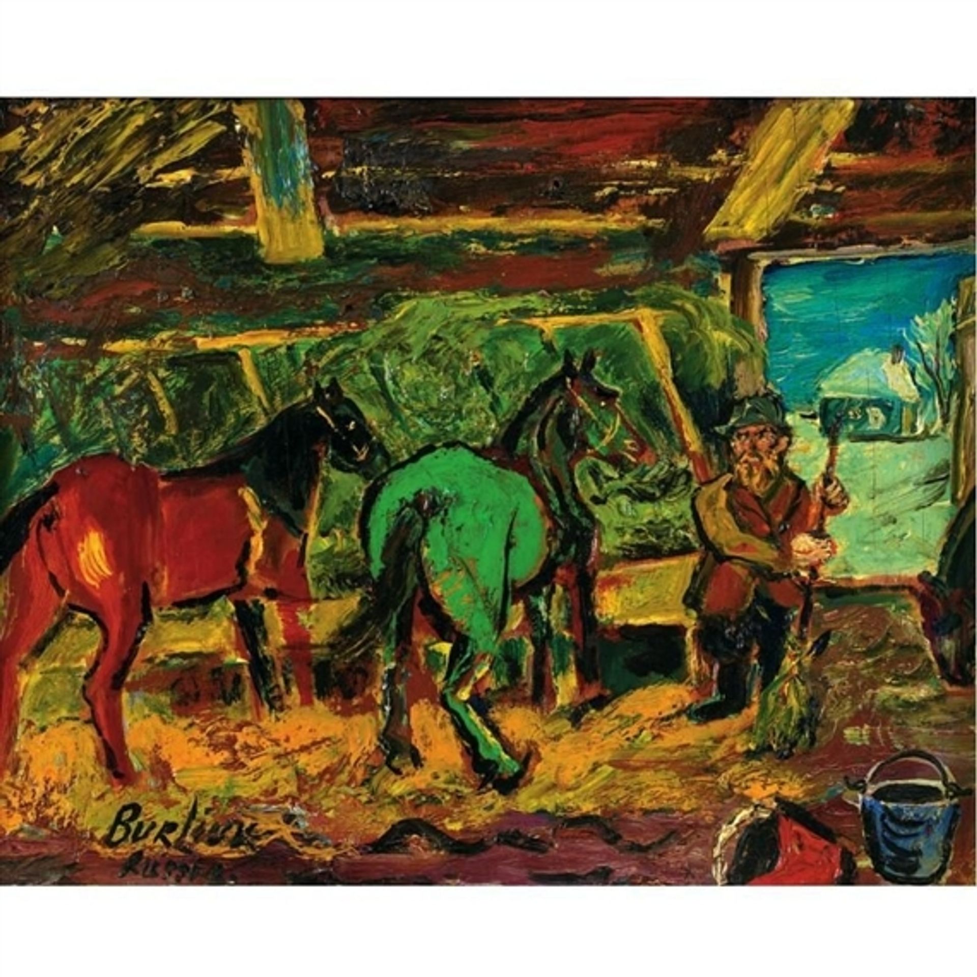 Red and green horses in a stable by David Burliuk
