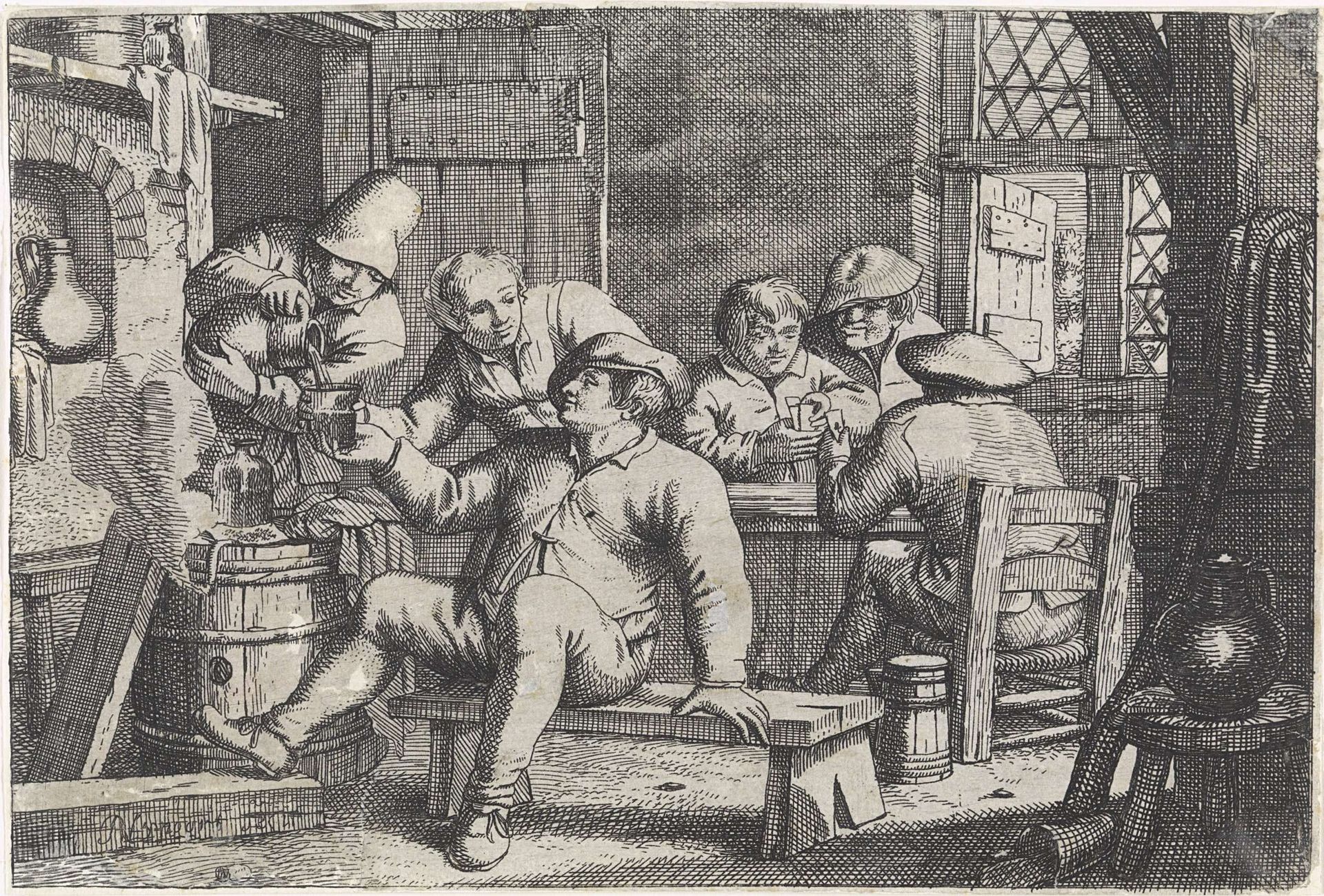 Interieur met kaartende boeren by Justus van den Nijpoort
