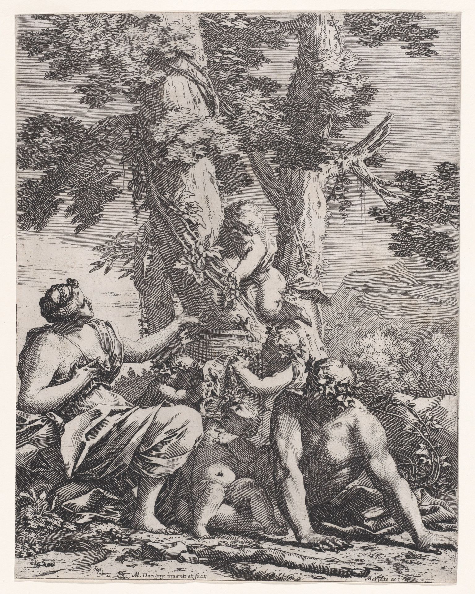 Putti and bacchantes at the bottom of a tree by Michel Dorigny