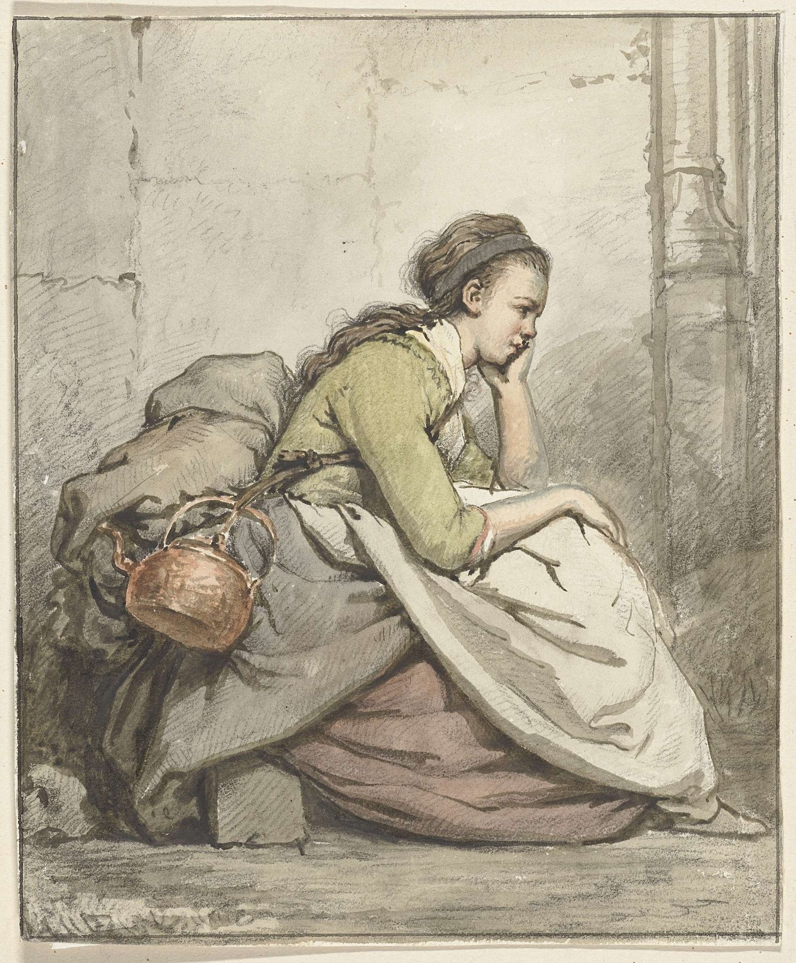 Zittende vrouw met een koperen ketel by Abraham van Strij