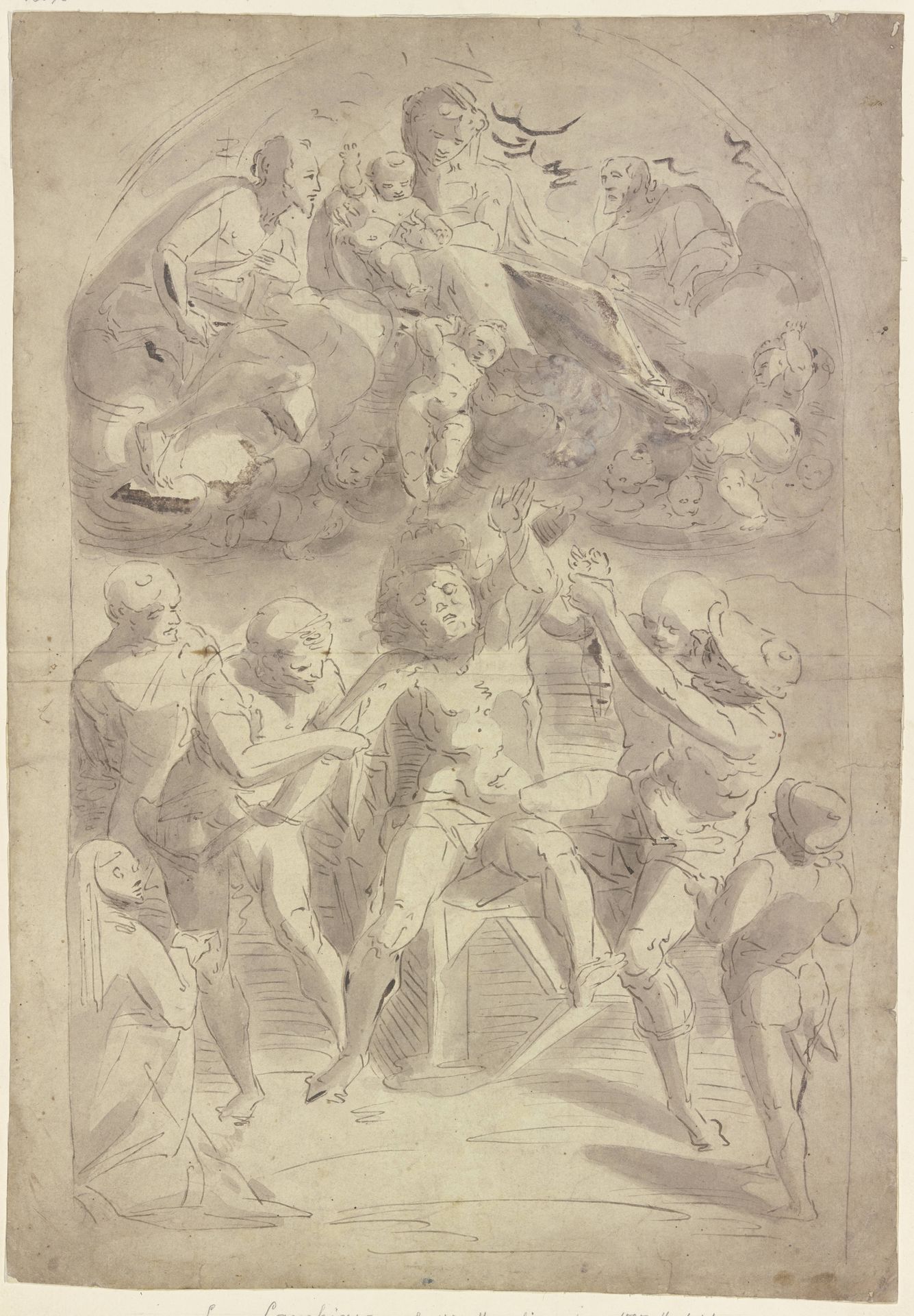 Martyrium des Heiligen Bartholomäus, darüber in Wolken die Madonna mit Kind, zu beiden Seiten die Heiligen Johannes der Täufer und Lukas, links unten eine kniende Nonne by Luca Cambiaso