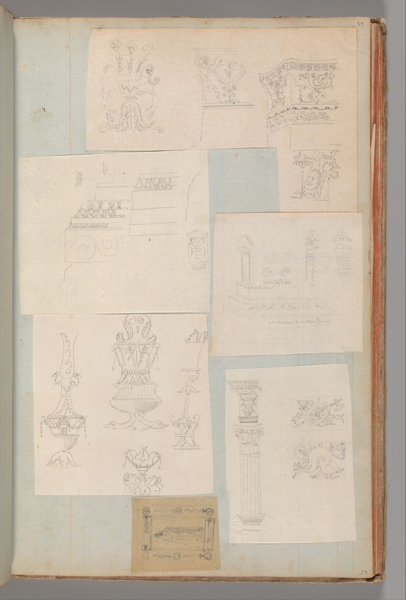 Page from a Scrapbook containing Drawings and Several Prints of Architecture, Interiors, Furniture and Other Objects by Charles Percier
