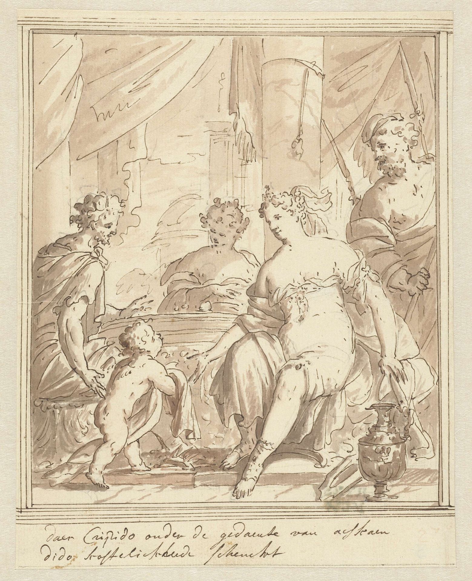 In de gedaante van Ascanius brengt Cupido Dido geschenken by Mattheus Terwesten