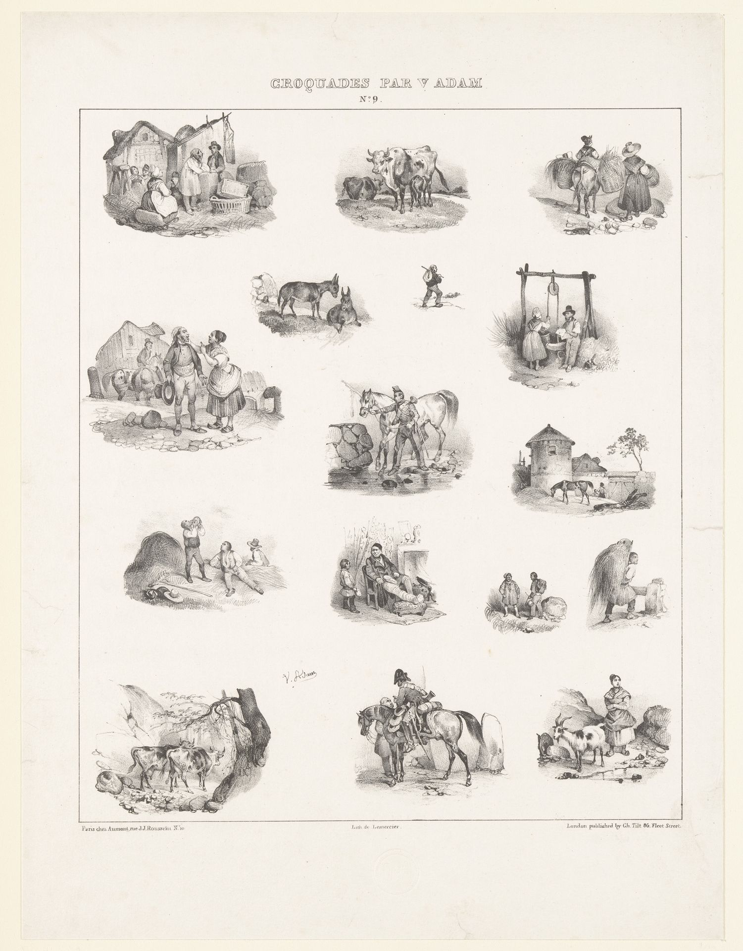 Zeventien voorstellingen uit het dagelijks leven met diverse menselijke figuren en dieren by Victor Adam