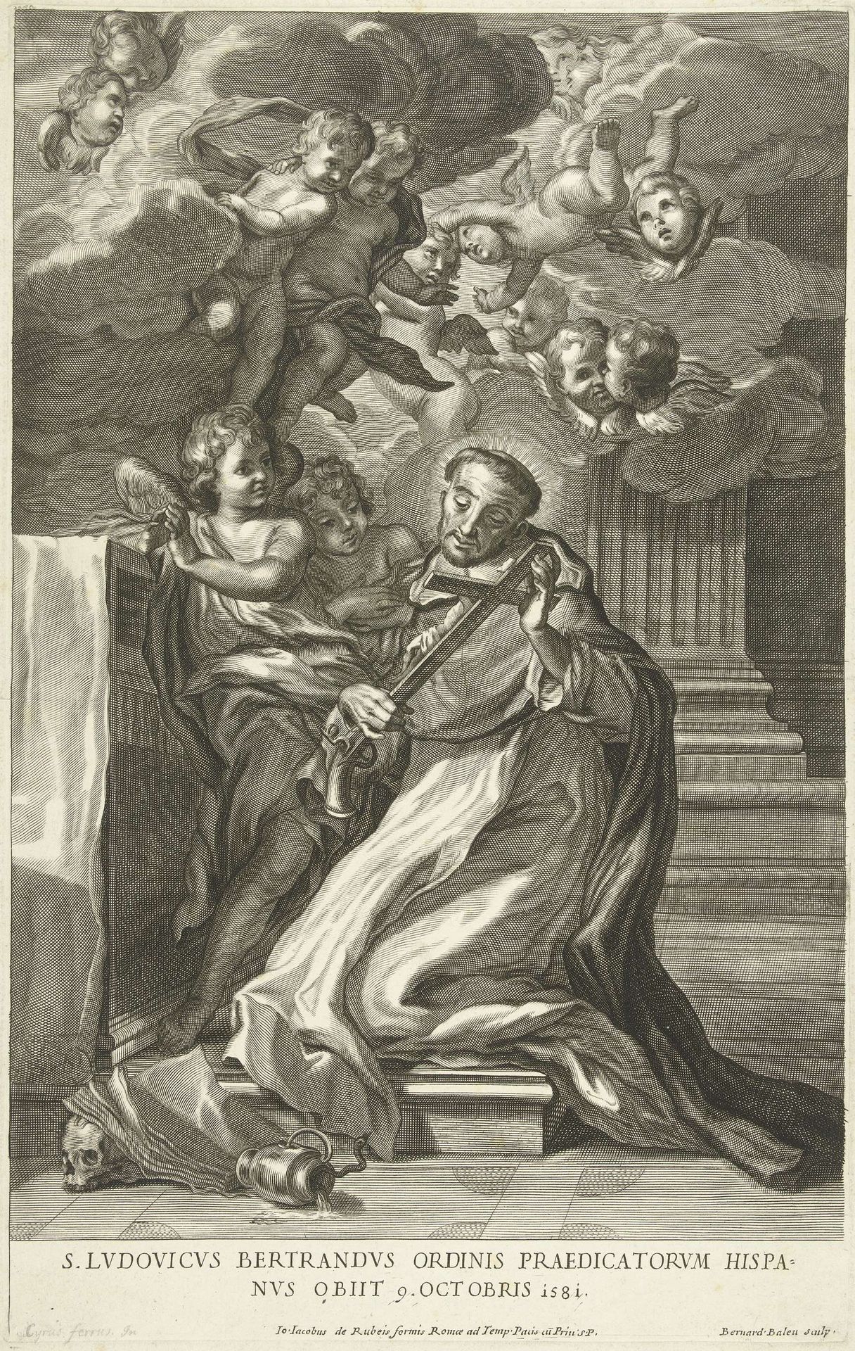 Heilige Ludovicus Beltrán met crucifix knielt tussen engelen by Barend de Bailliu