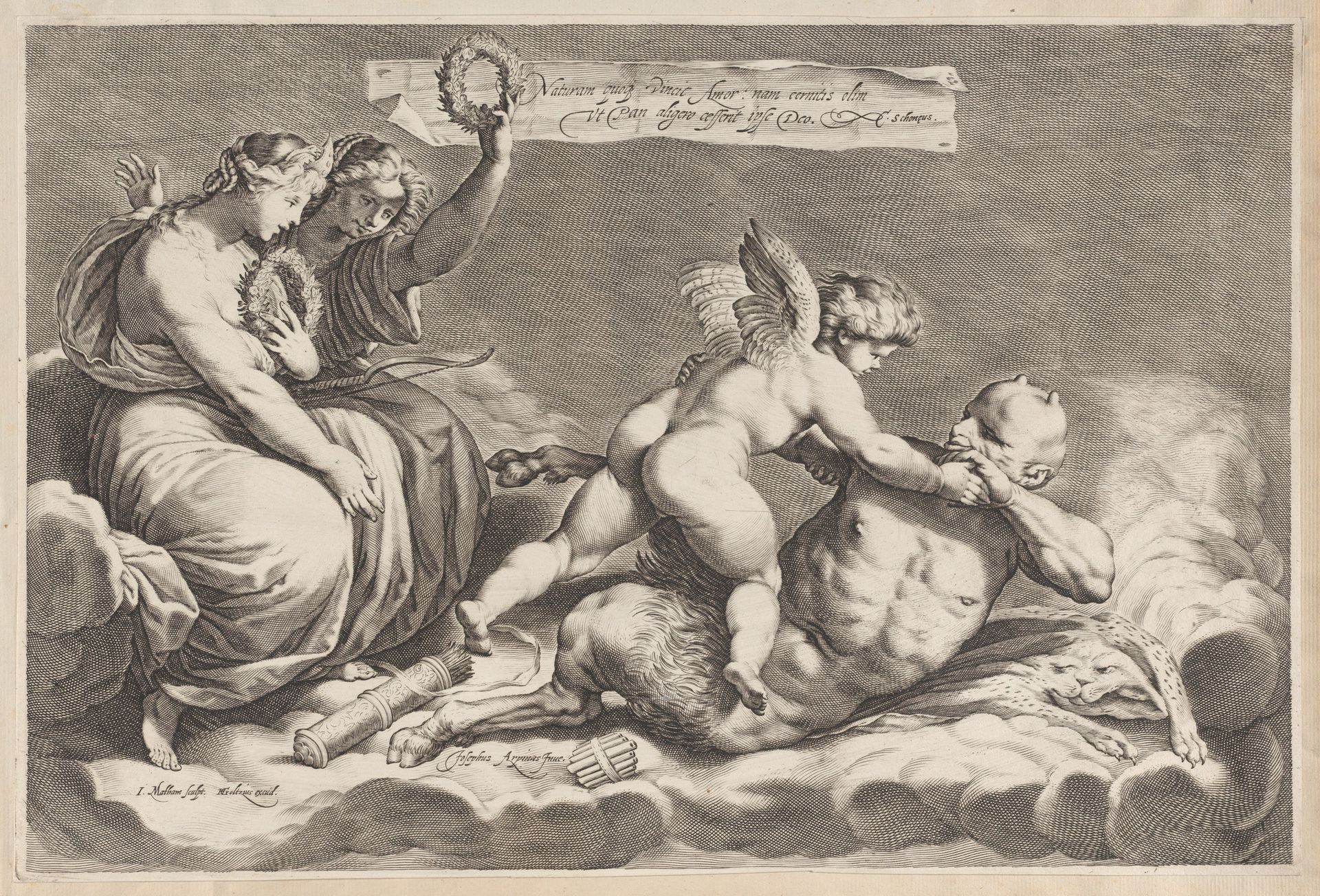 Cupid wrestling with Pan, amongst the clouds, with two allegorical women seated at left by Jacob Matham