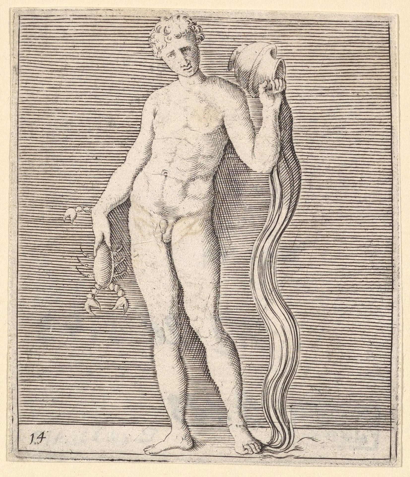 Man with Crayfish and Urn of Water, from "Ex Antiquis Cameorum et Gemmae Delineata/ Liber Secundus/et ab Enea Vico Parmen Incis" by Anonymous