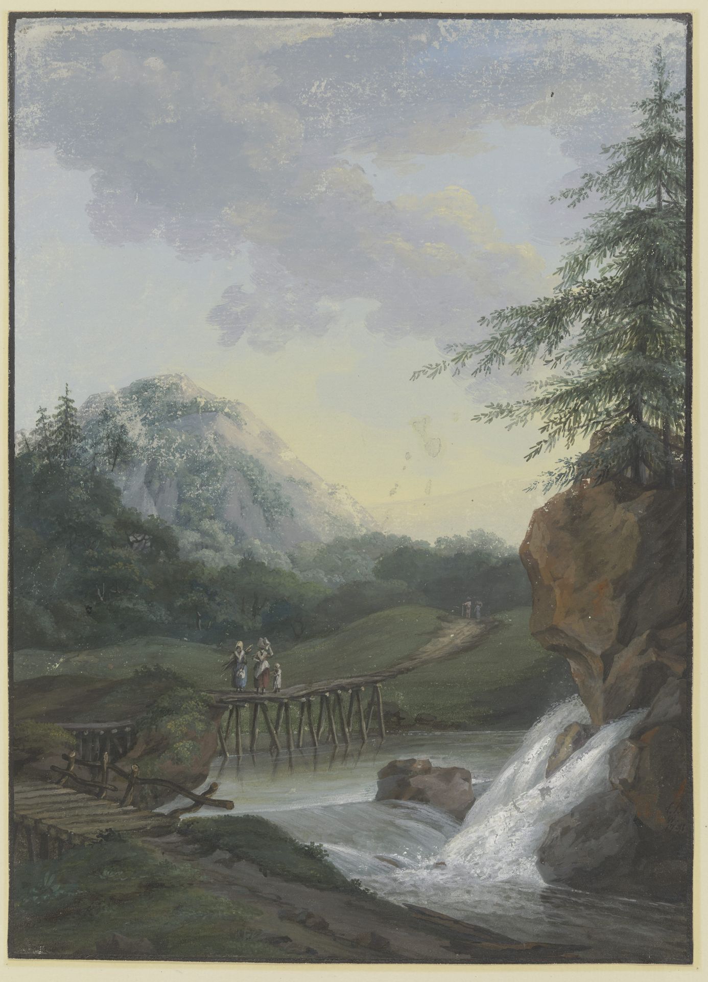 Landschaft mit einem Wasserfall und einem Steg, auf dem zwei Frauen und ein Kind gehen by Louise van Panhuys