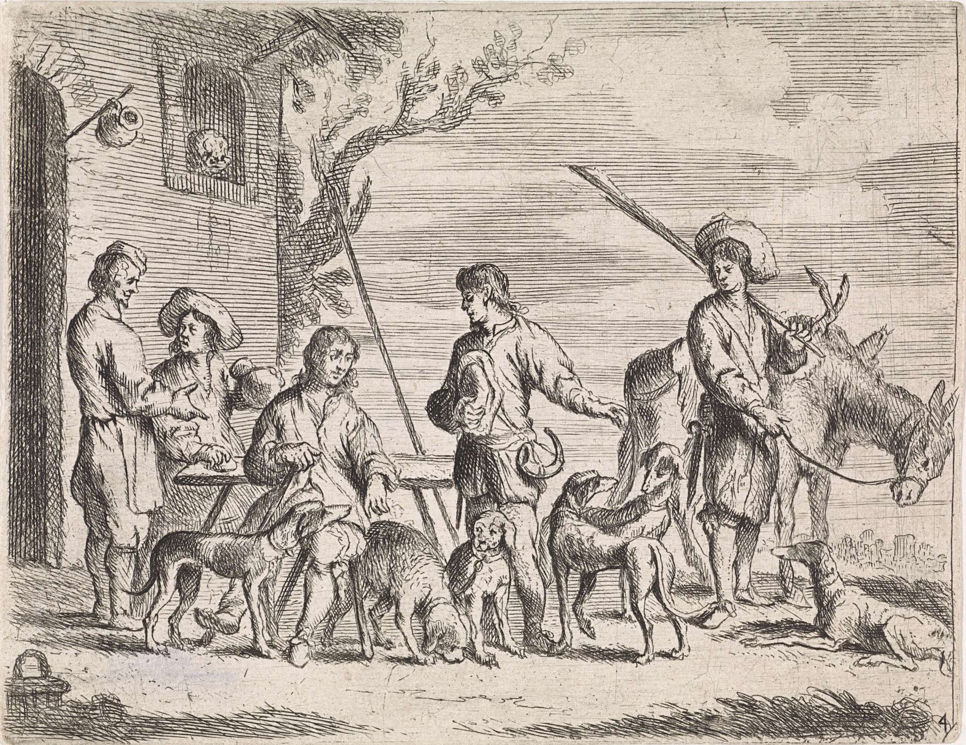 Jagers voor een herberg by Cornelis de Wael