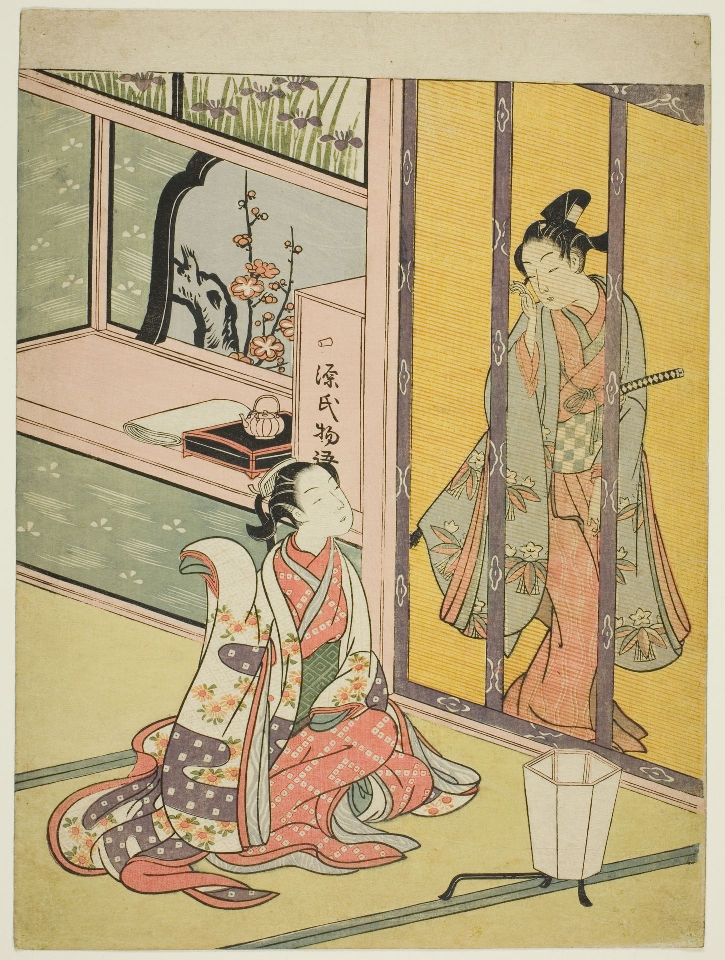 Young Man and Woman Talking through a Bamboo Blind by Suzuki Harunobu 鈴木春信