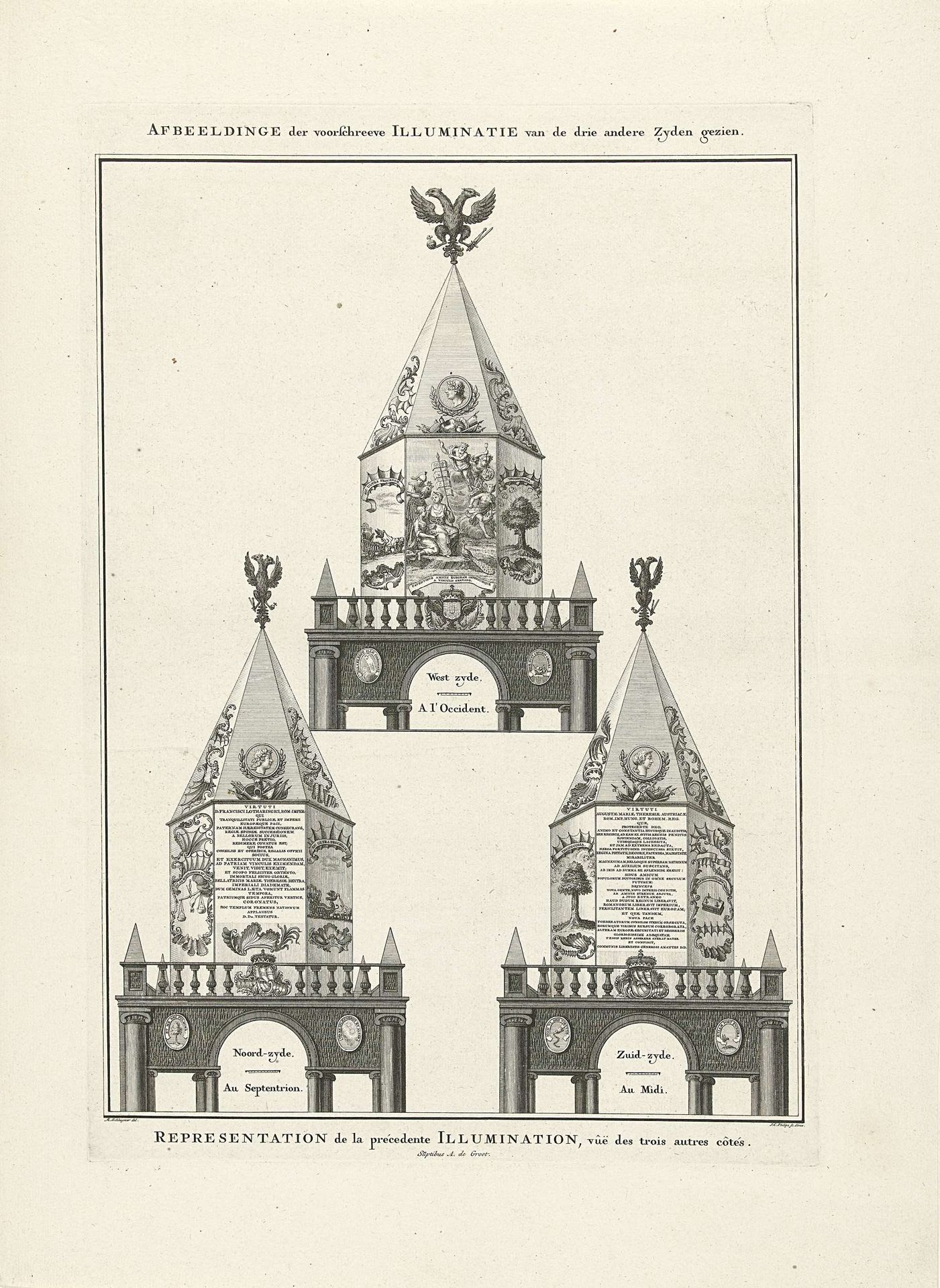 Details van de decoraties op het bouwwerk voor het vuurwerk op de Hofvijver ter ere van de kroning van keizer Frans I Stefan, 1746 by Jan Caspar Philips