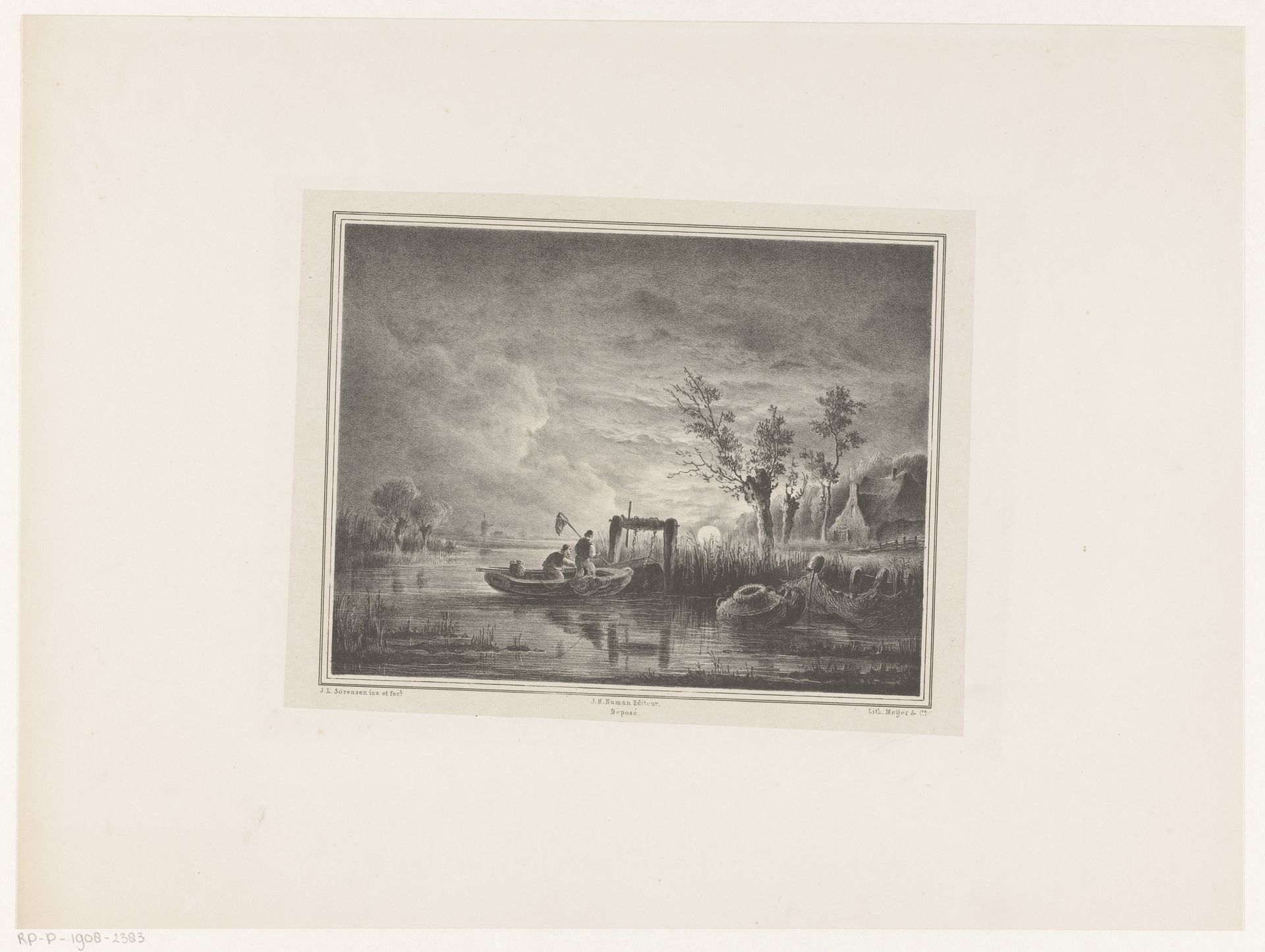 Vissersboot op rivier bij maanlicht by Jacobus Sörensen