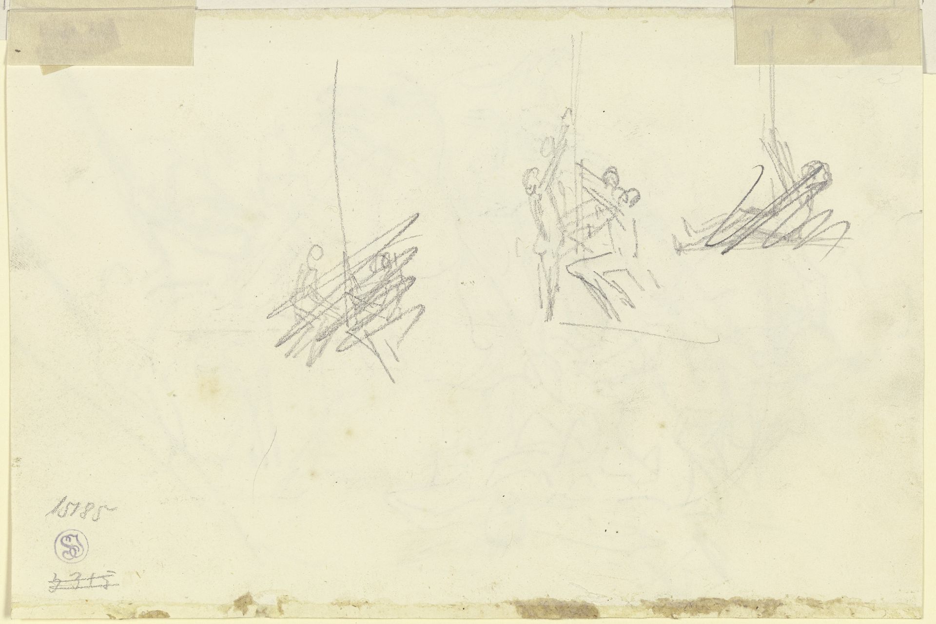 Studienblatt_ Drei flüchtige Skizzen von (eine Fahne hissenden_) Figuren um einen Mast by Louis Ferdinand von Rayski