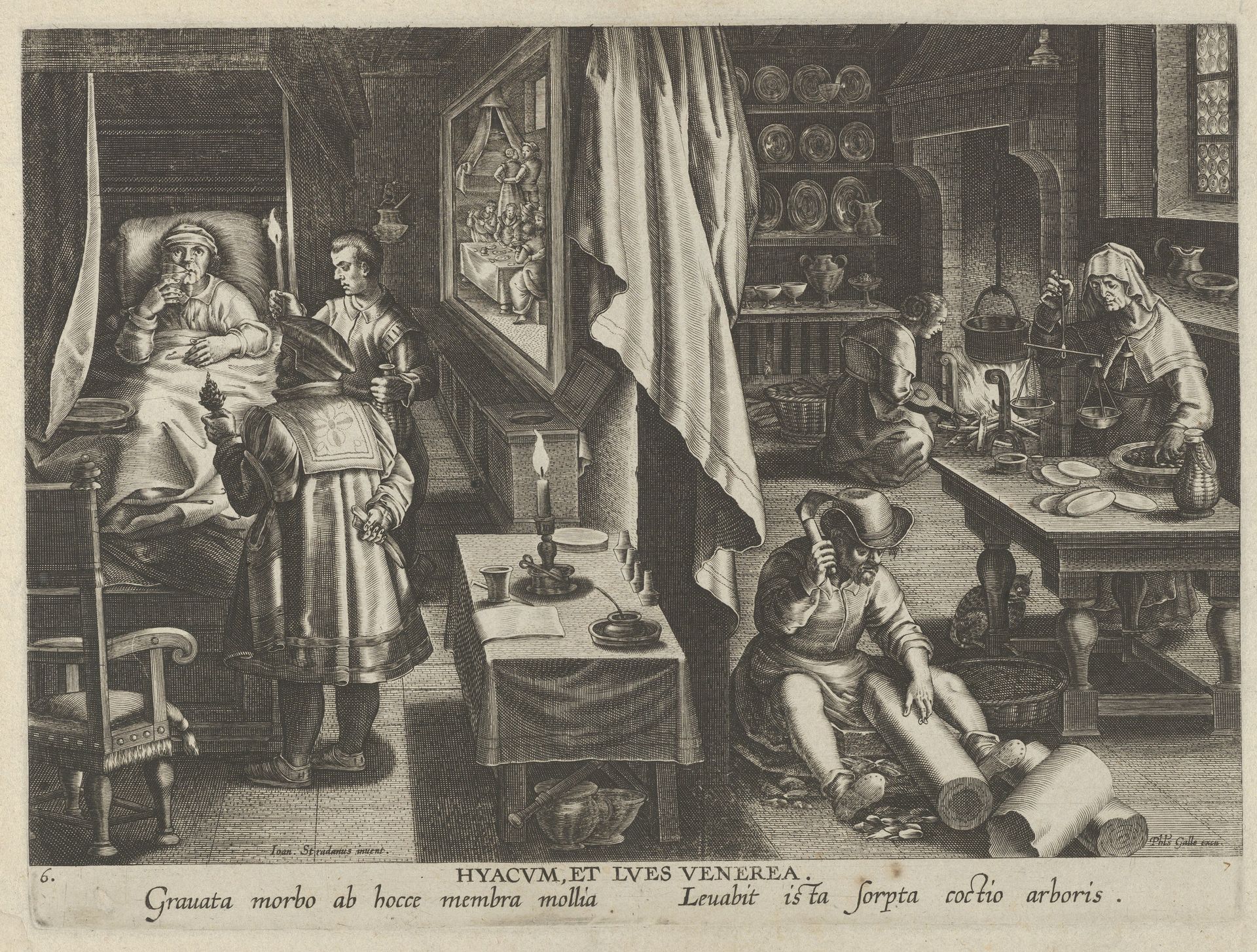 New Inventions of Modern Times [Nova Reperta], The Discovery of Guaicum as a Cure for Veneral Infection, plate 6 by Jan Collaert I