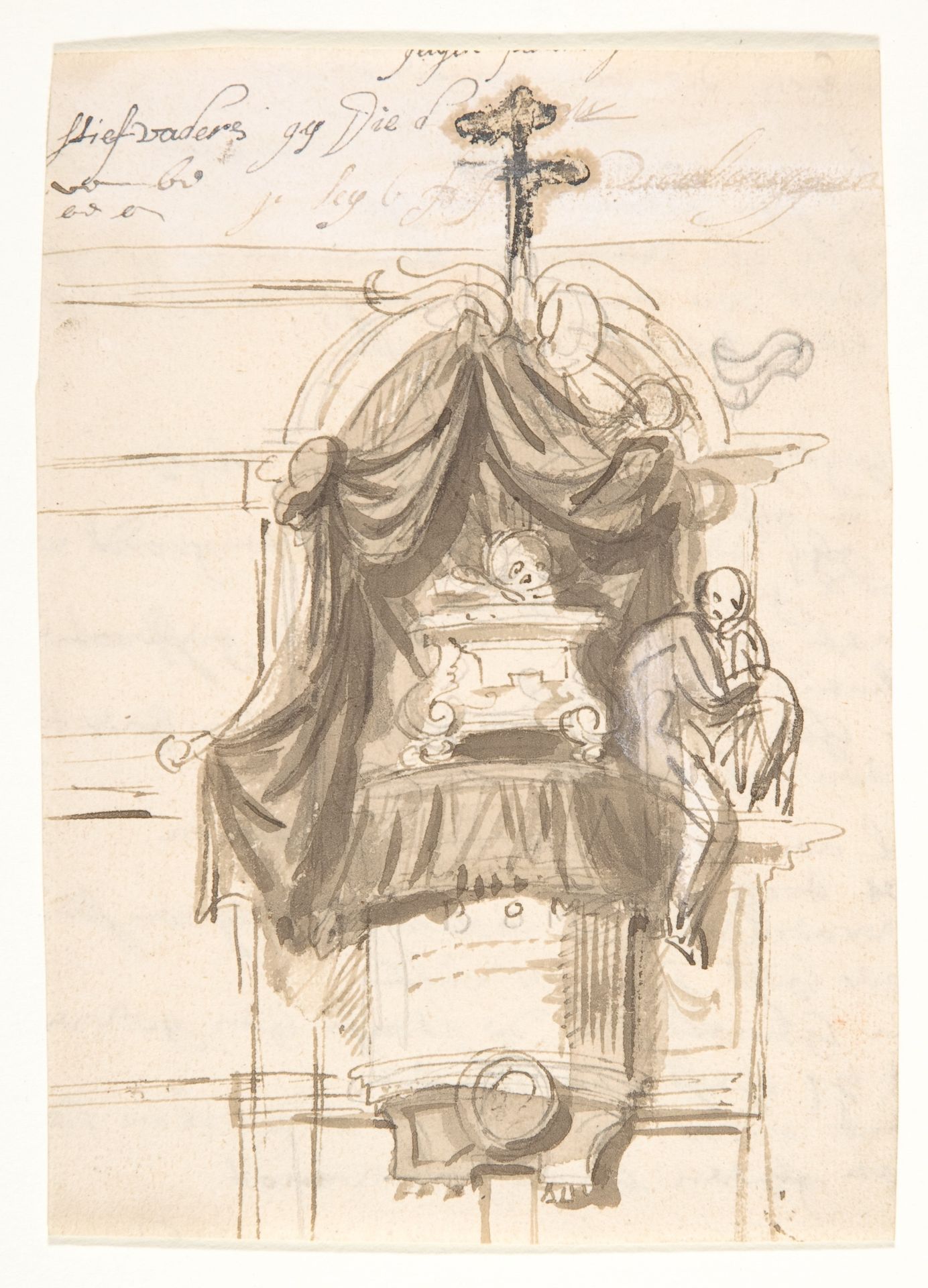 Design for a sepulchral monument in the form of a pulpit; verso: Fragment of a text by Pieter Verbruggen the Younger