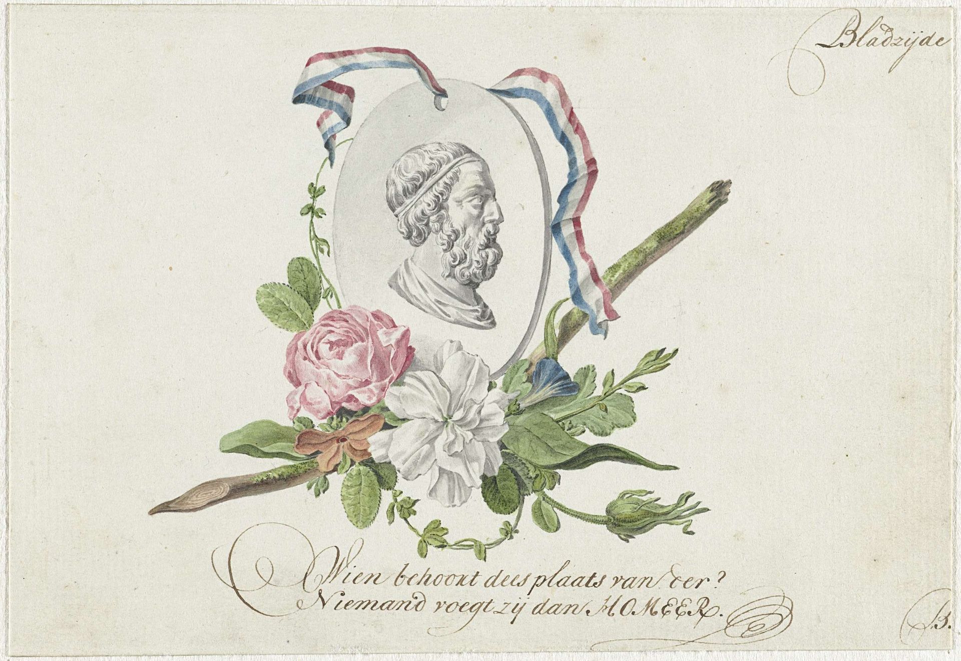 Vignet met bloemen, portretmedaillon en lint by Willem Bilderdijk