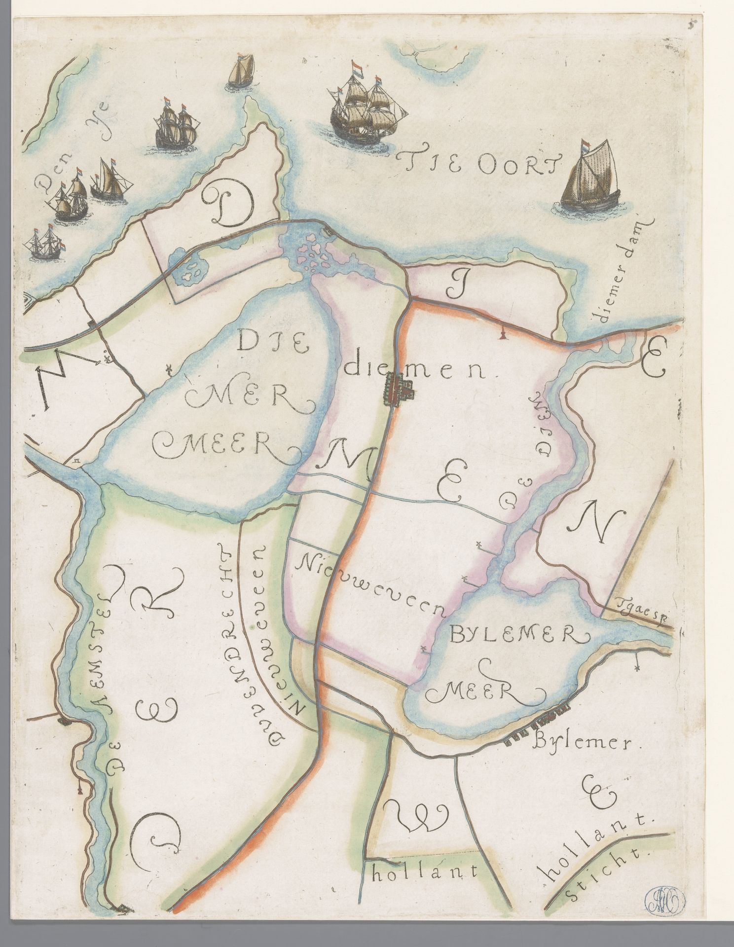 Deel van een kaart van het Hoogheemraadschap van Rijnland, met Diemen en omgeving by Floris Balthasarsz van Berckenrode