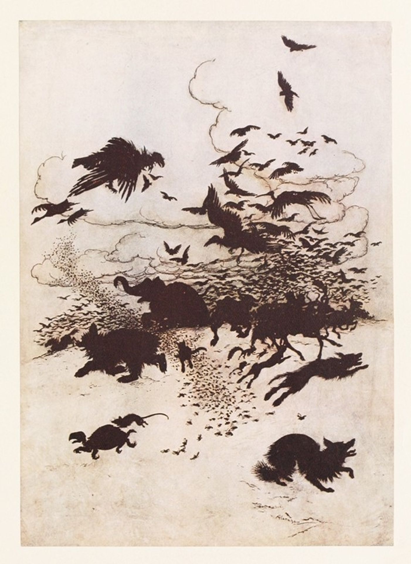 At the third sting the Fox screamed, and down went his tail between his legs by Arthur Rackham