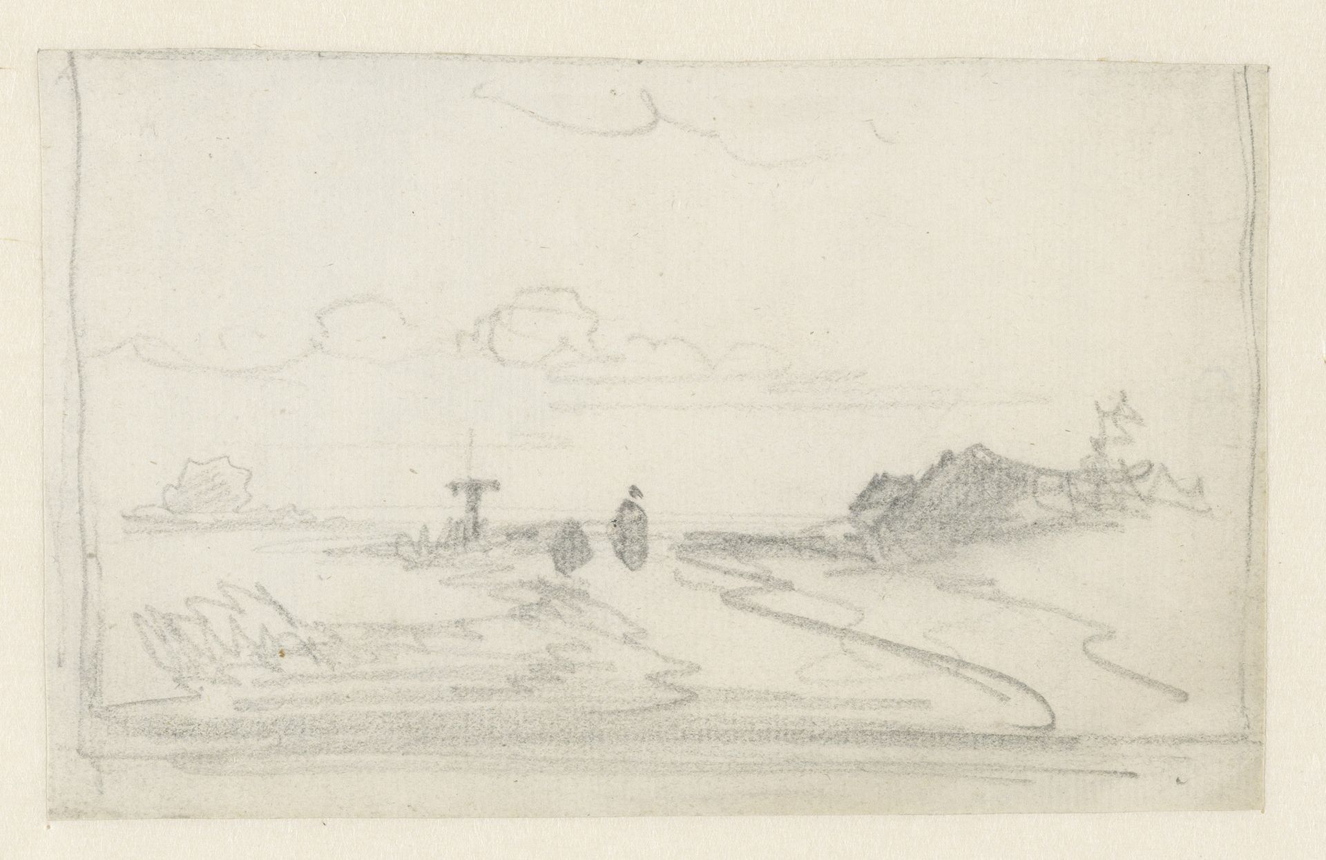 Schets van een landweg met lage huizen rechts by Andreas Schelfhout