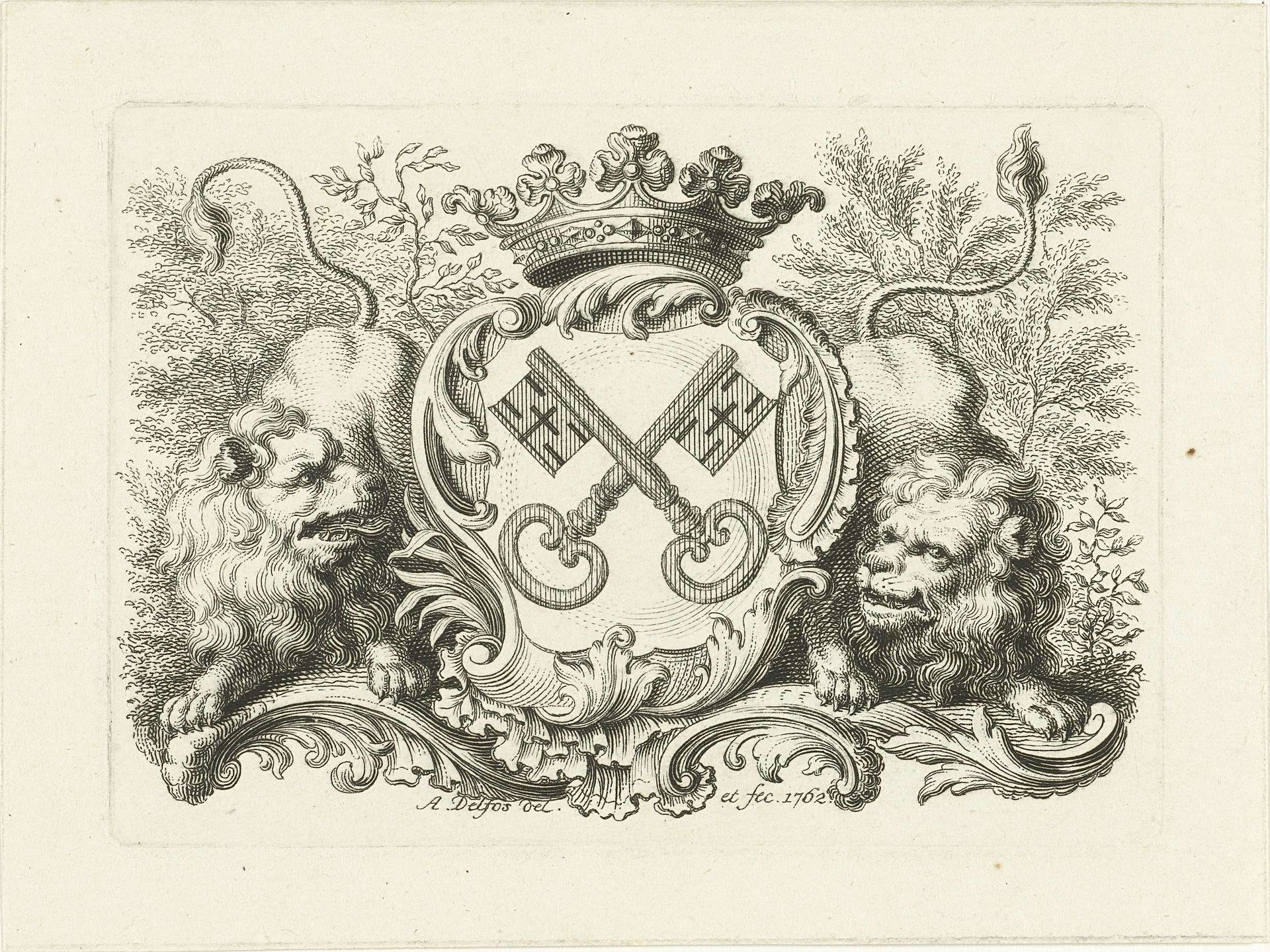 Wapen van stad Leiden in cartouche, met twee leeuwen by Abraham Delfos
