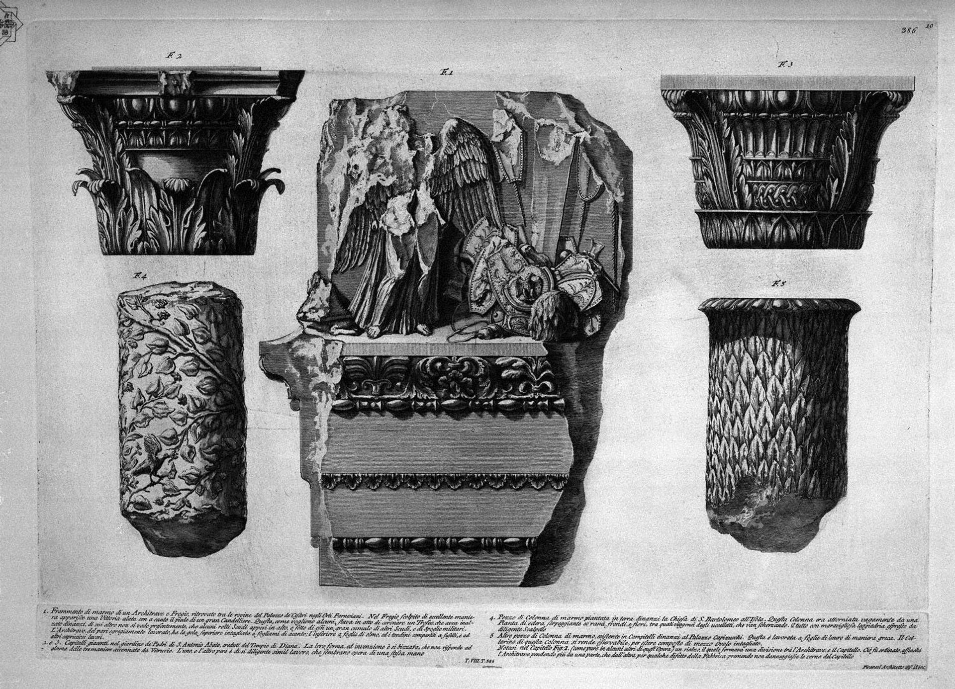 Fragment of an architrave and frieze, capitals of columns and pieces by Giovanni Battista Piranesi