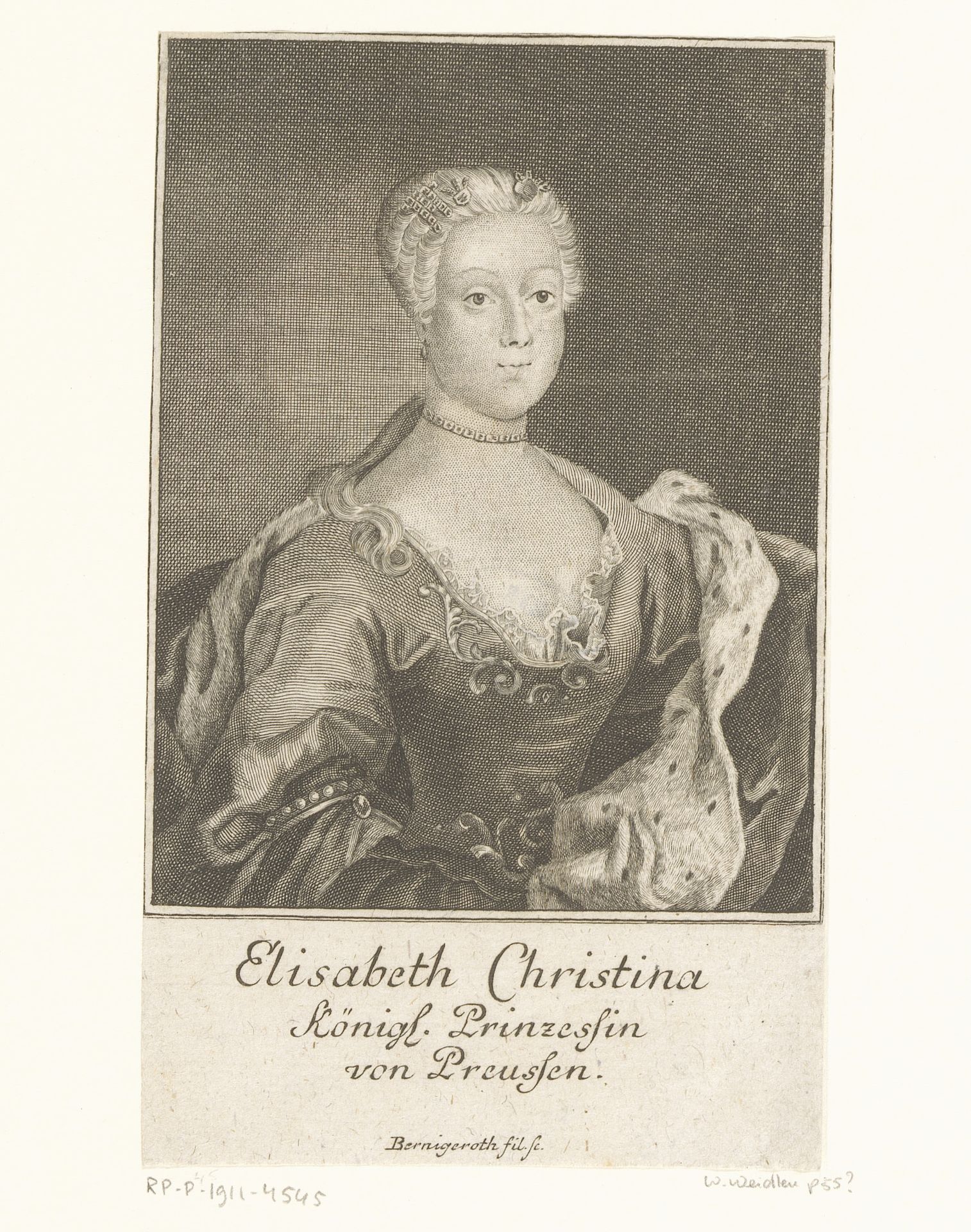 Portret van Elisabeth Christine von Braunschweig-Wolfenbüttel-Bevern, koningin van Pruisen by Johann Martin Bernigeroth
