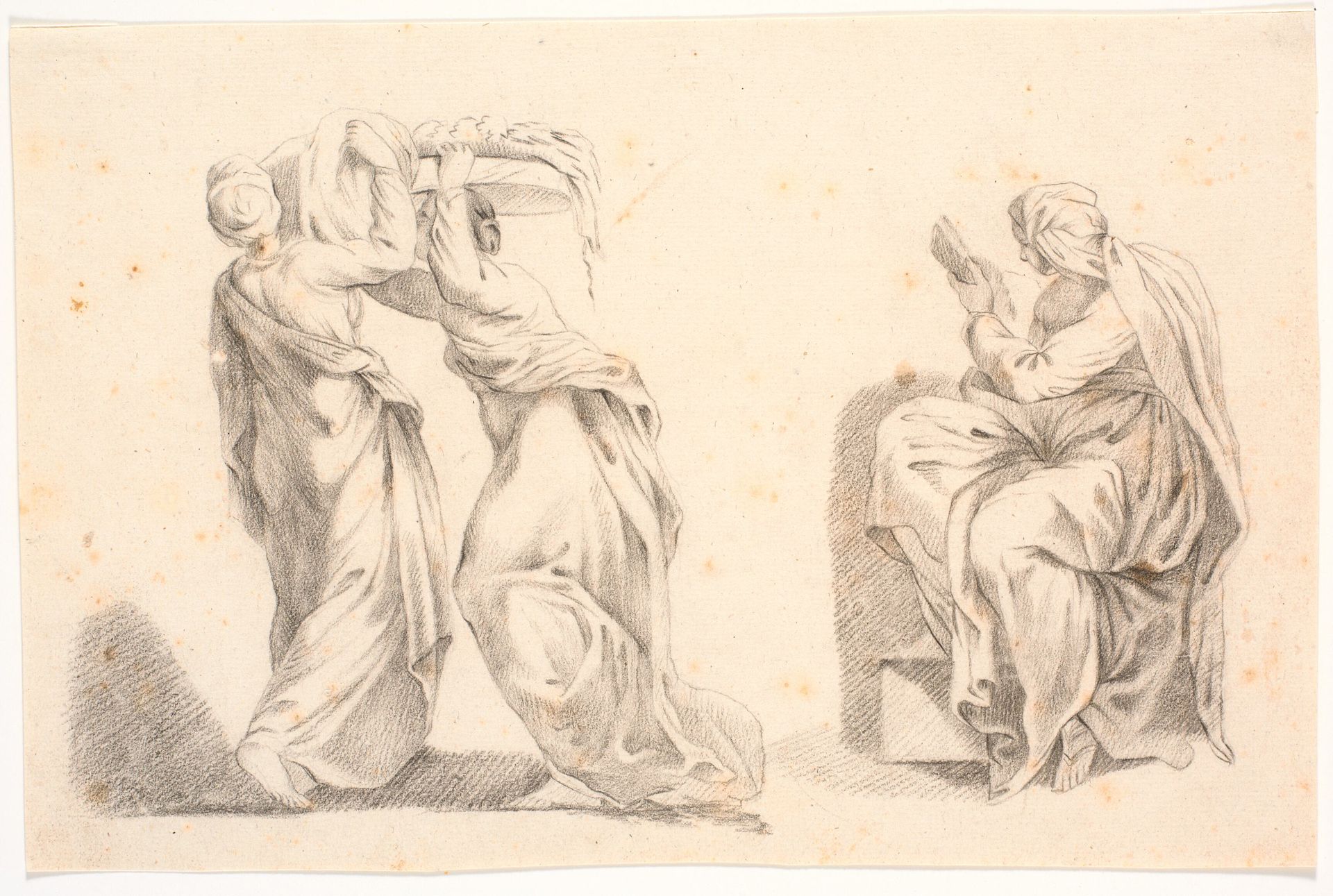 To kvinder i klassiske gevandter bærende en kurv samt en sibylle efter Michelangelo by C.A. Lorentzen