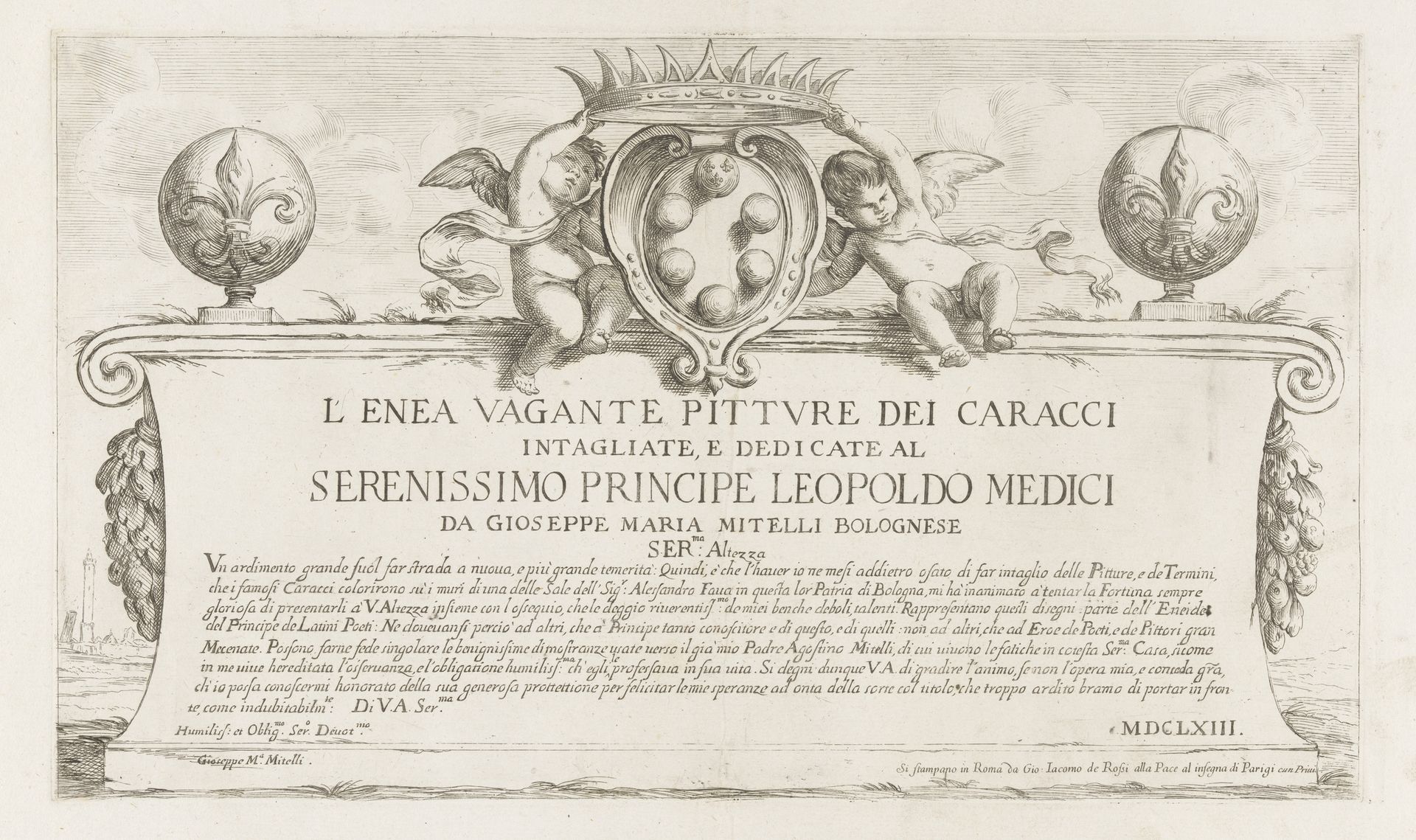 Titelprent met wapenschild, aan weerszijden geflankeerd door een putto, op een muurtje met tekst by Giuseppe Maria Mitelli