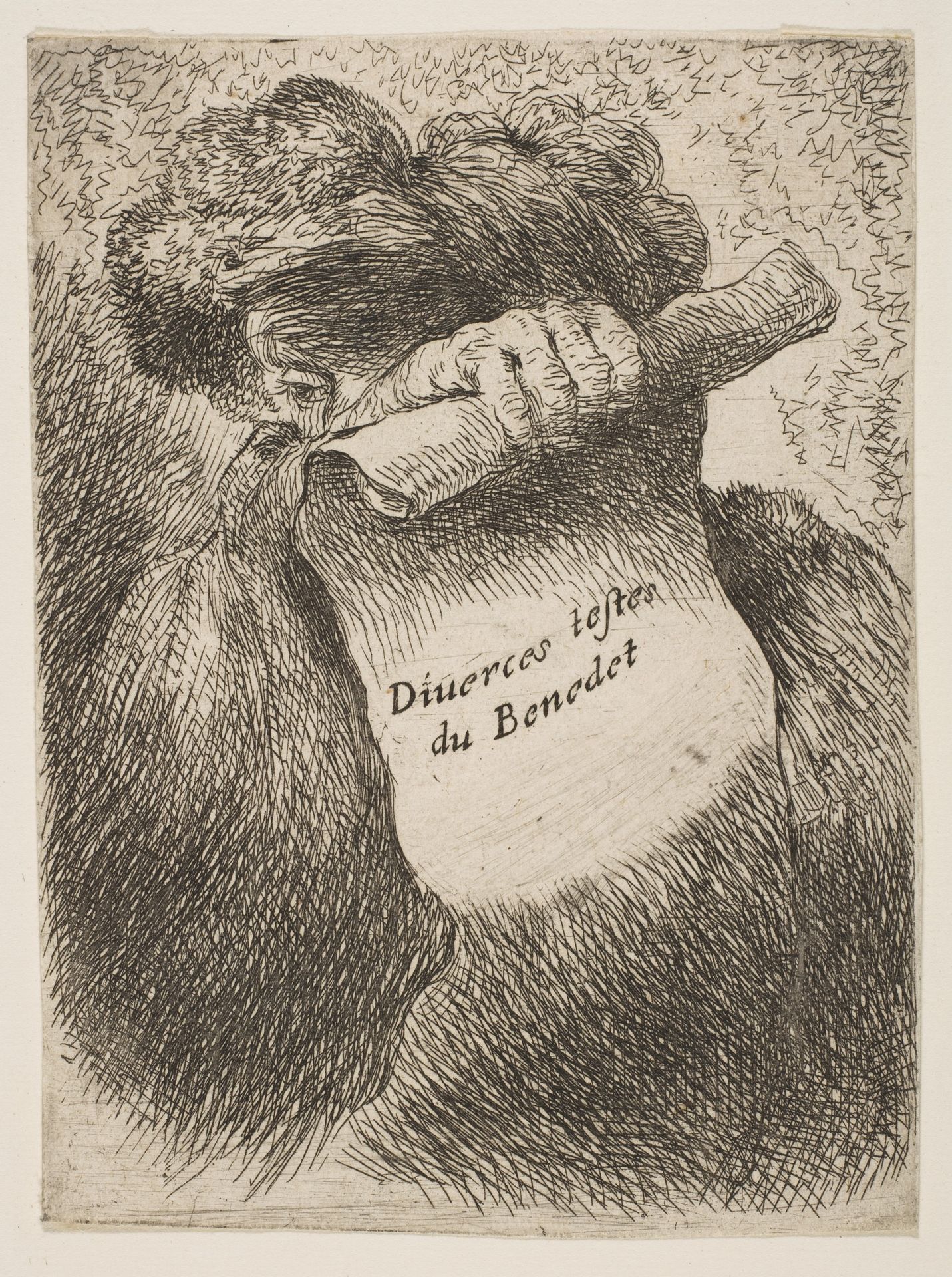 Man holding a scroll in front of his face, from the series of  "Small Heads in Oriental Headdress" by Giovanni Benedetto Castiglione (Il Grechetto)