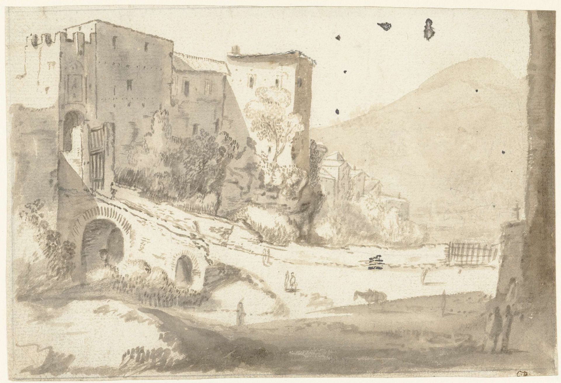 Italiaans landschap met links een stadspoort by Cornelis van Poelenburch