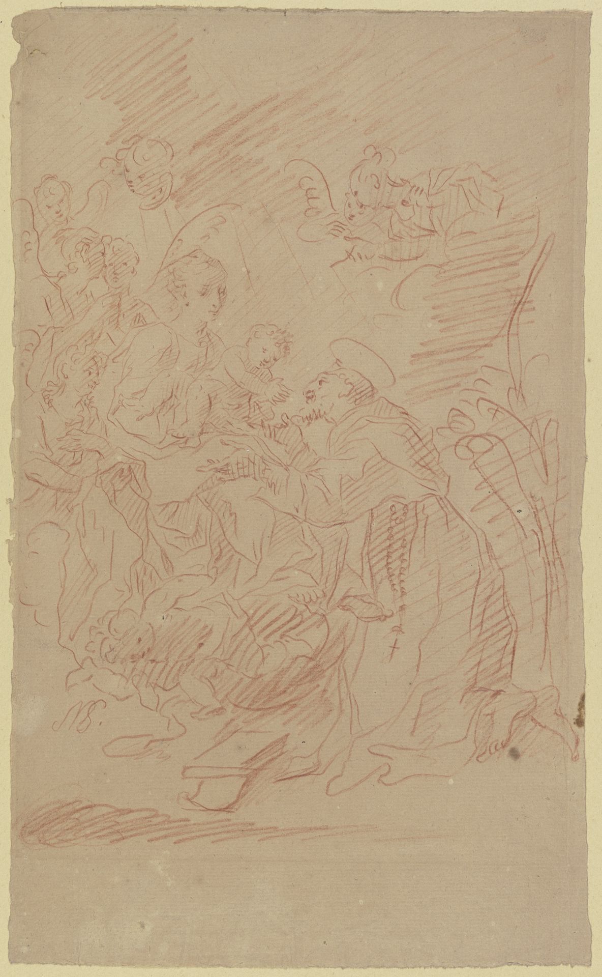 Vor der von Engeln umgebenen Madonna kniet rechts ein heiliger Mönch (Franziskus_) by Nikolaus Gottfried Stuber