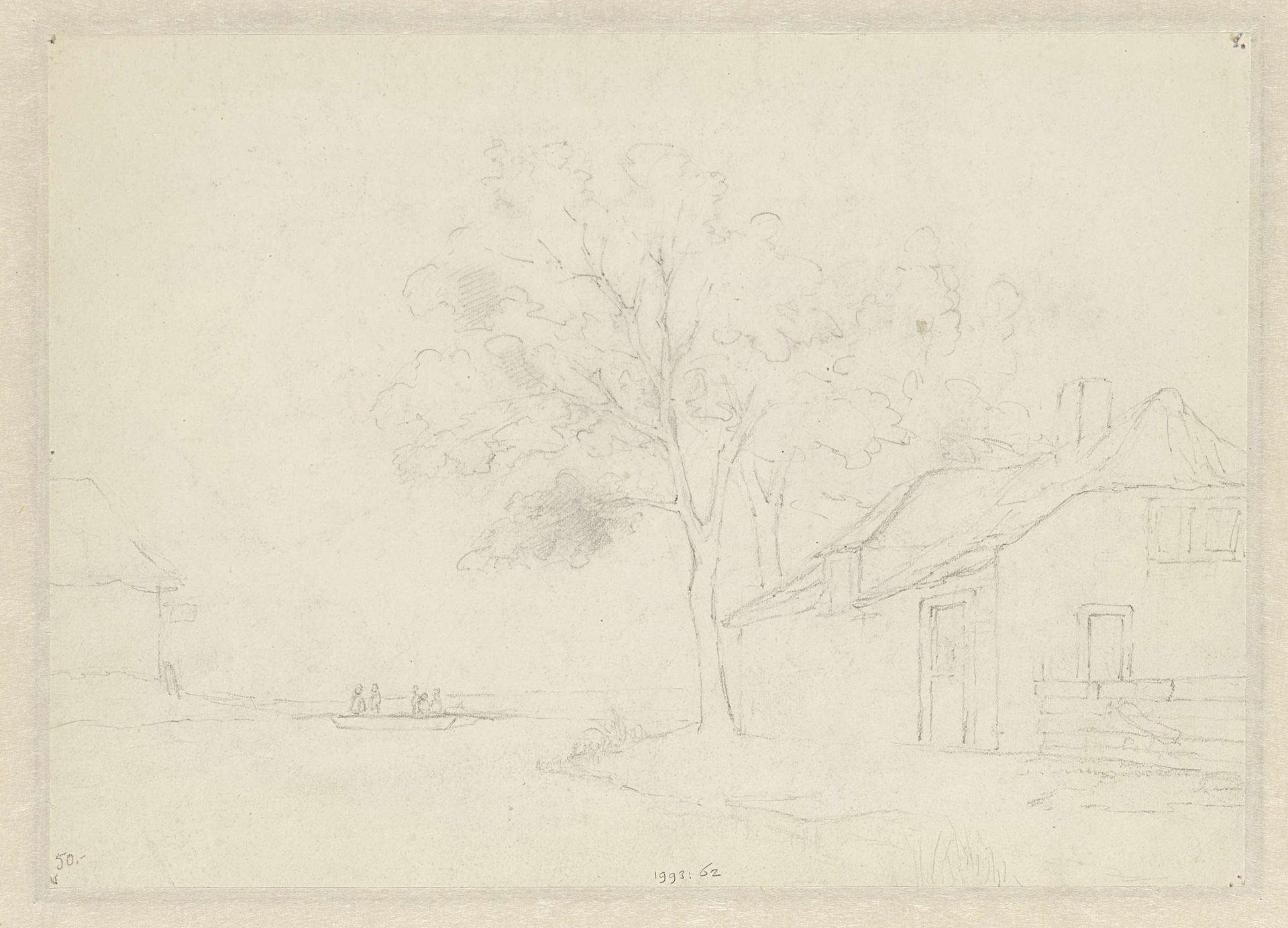 Schets van boerenhuizen aan het water by Willem de Haas Hemken
