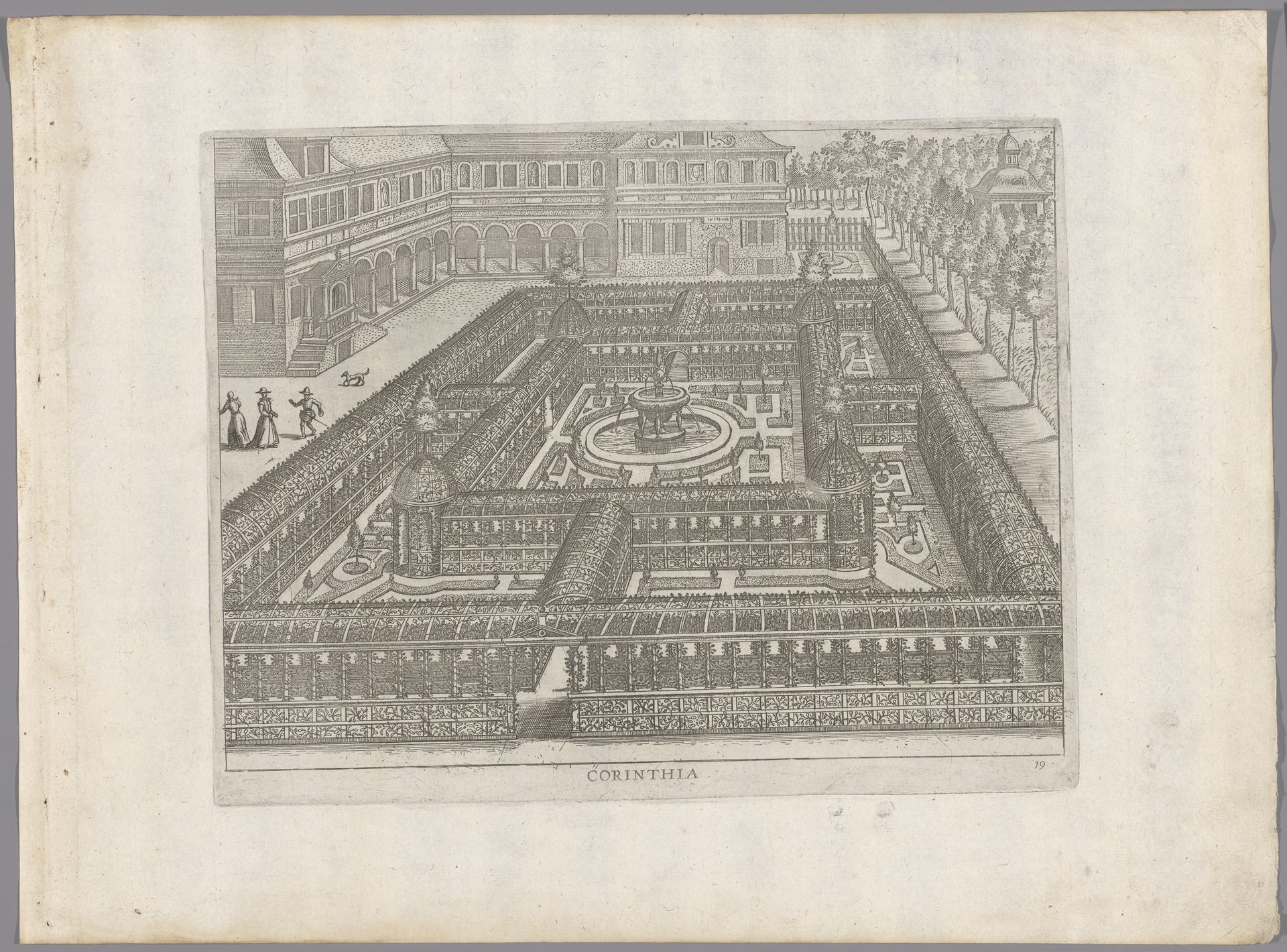 Tuin met een parterre omgeven door een dubbele rij gangen van traliewerk by Anonymous