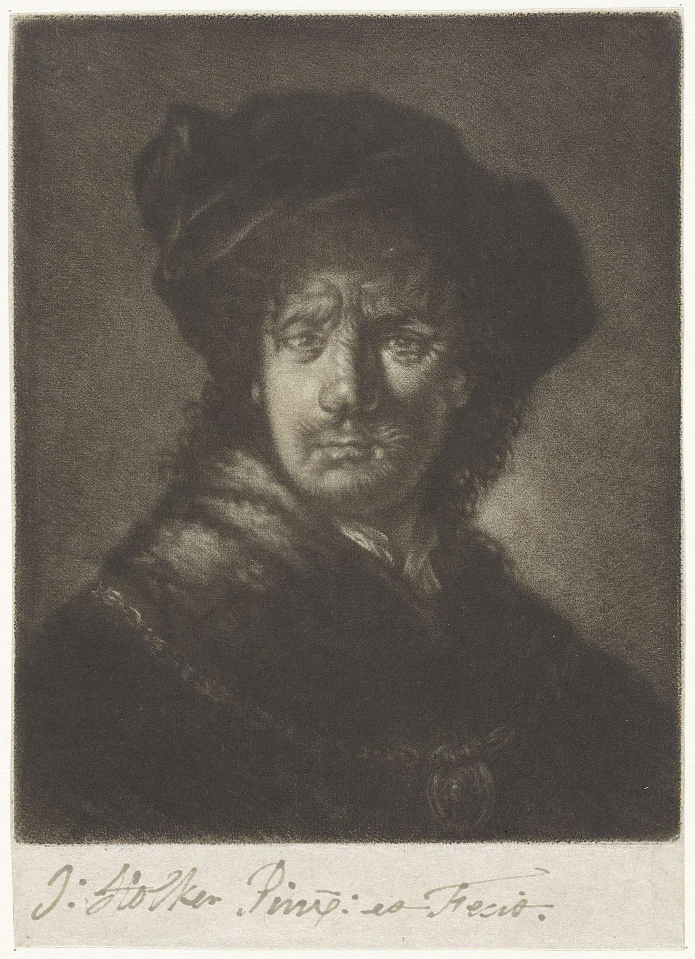 Portret van Rembrandt Harmensz. van Rijn met een muts en een bontkraag by Jan Stolker