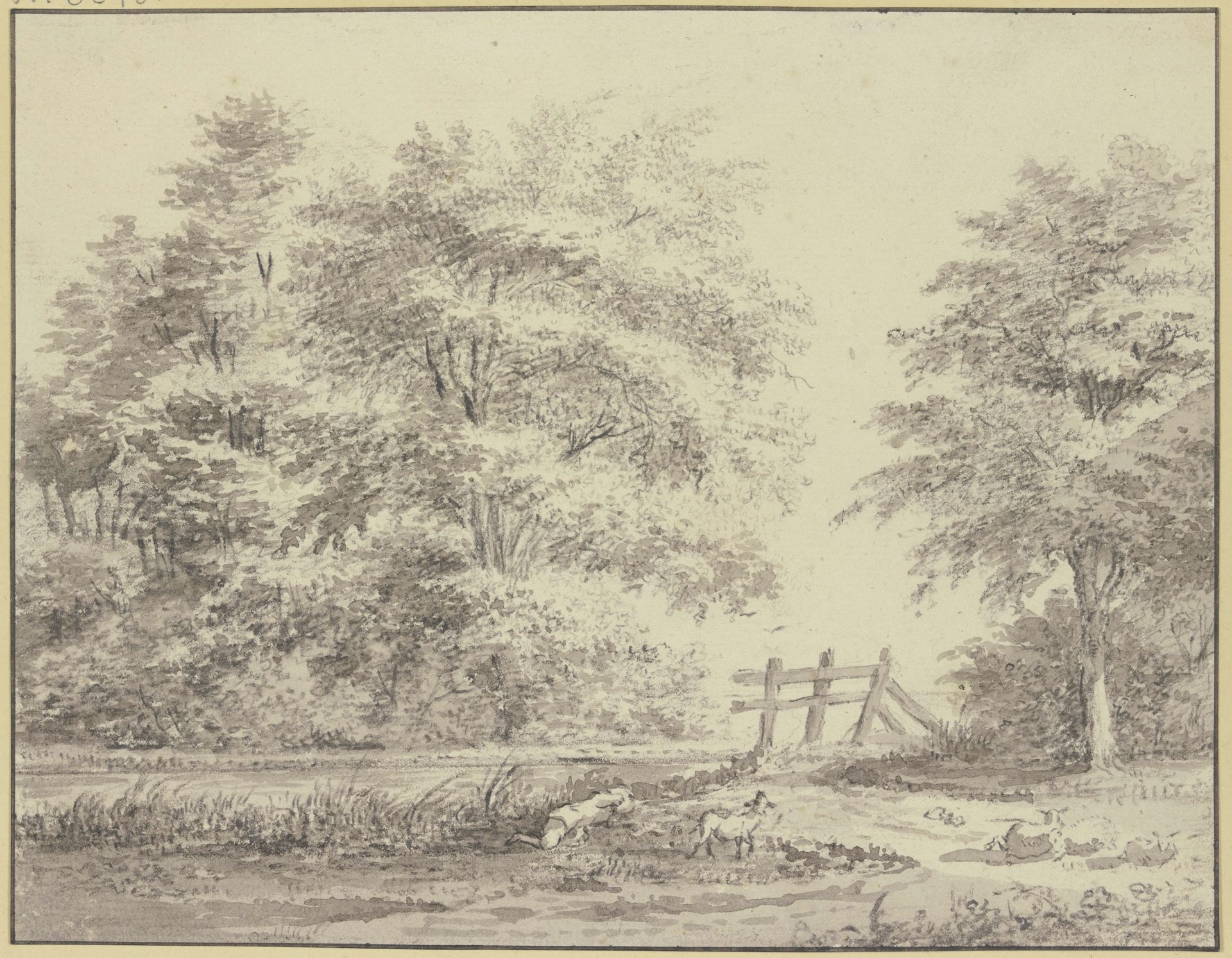 Waldpartie mit Wasser und einem Zaun, vorn schläft ein Schäfer by van der Haar
