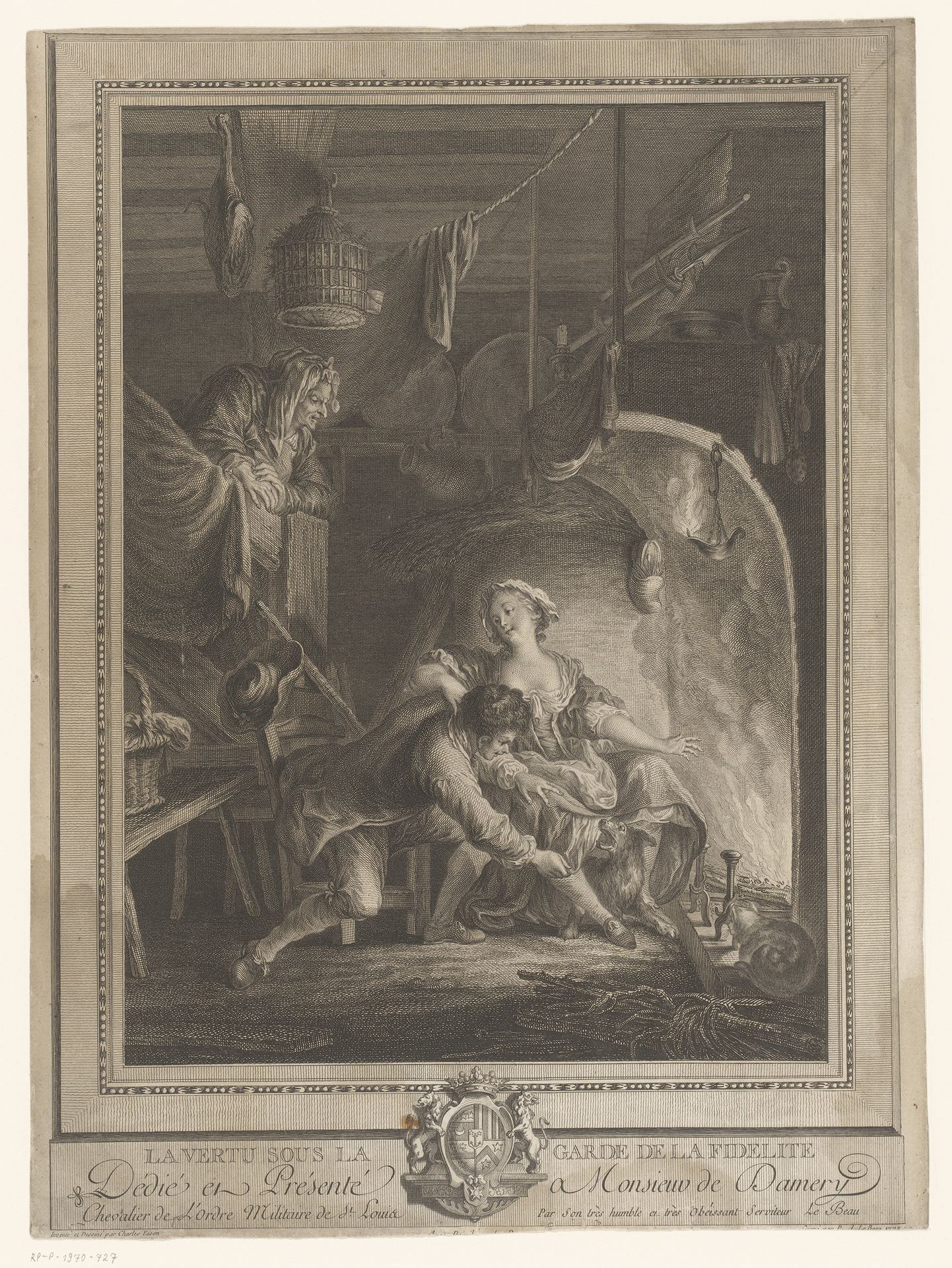 Koppel aan het haardvuur onder toezicht van een hond en een oude vrouw by Pierre Adrien Le Beau