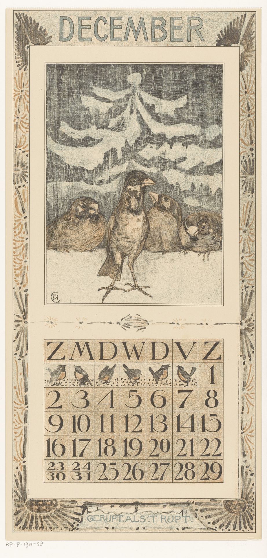 Kalenderblad december met mussen in de sneeuw by Theo van Hoytema