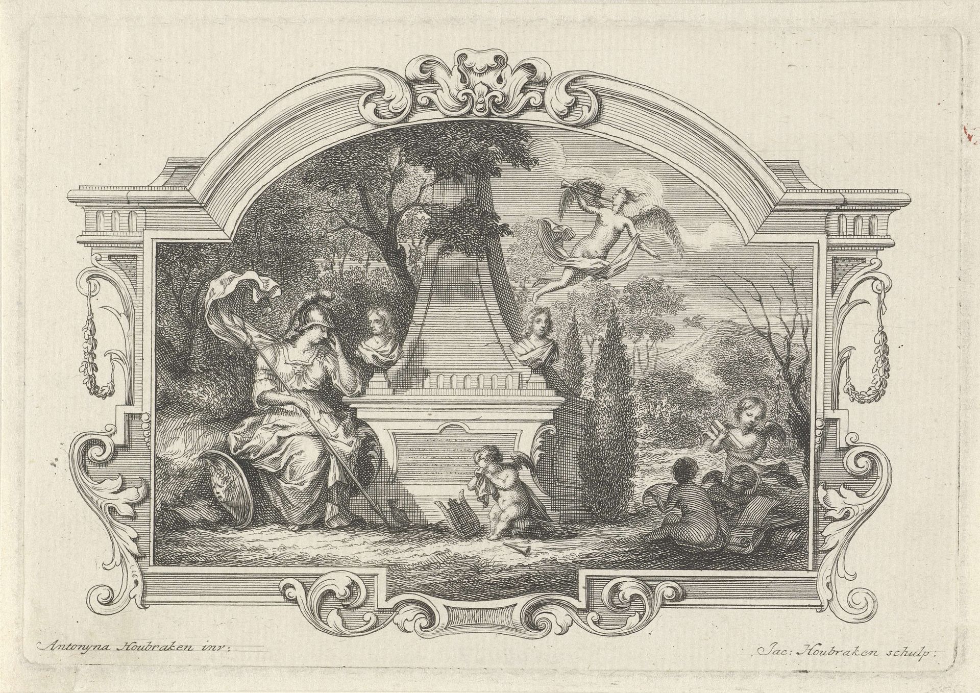 Minerva en putti treurend bij een graftombe by Jacob Houbraken