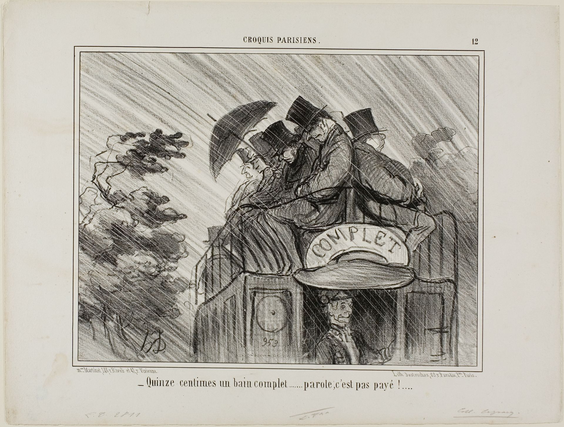“- Just 15 cents for a full bath.... what a deal!,” plate 12 from Croquis Parisiens by Honoré Daumier