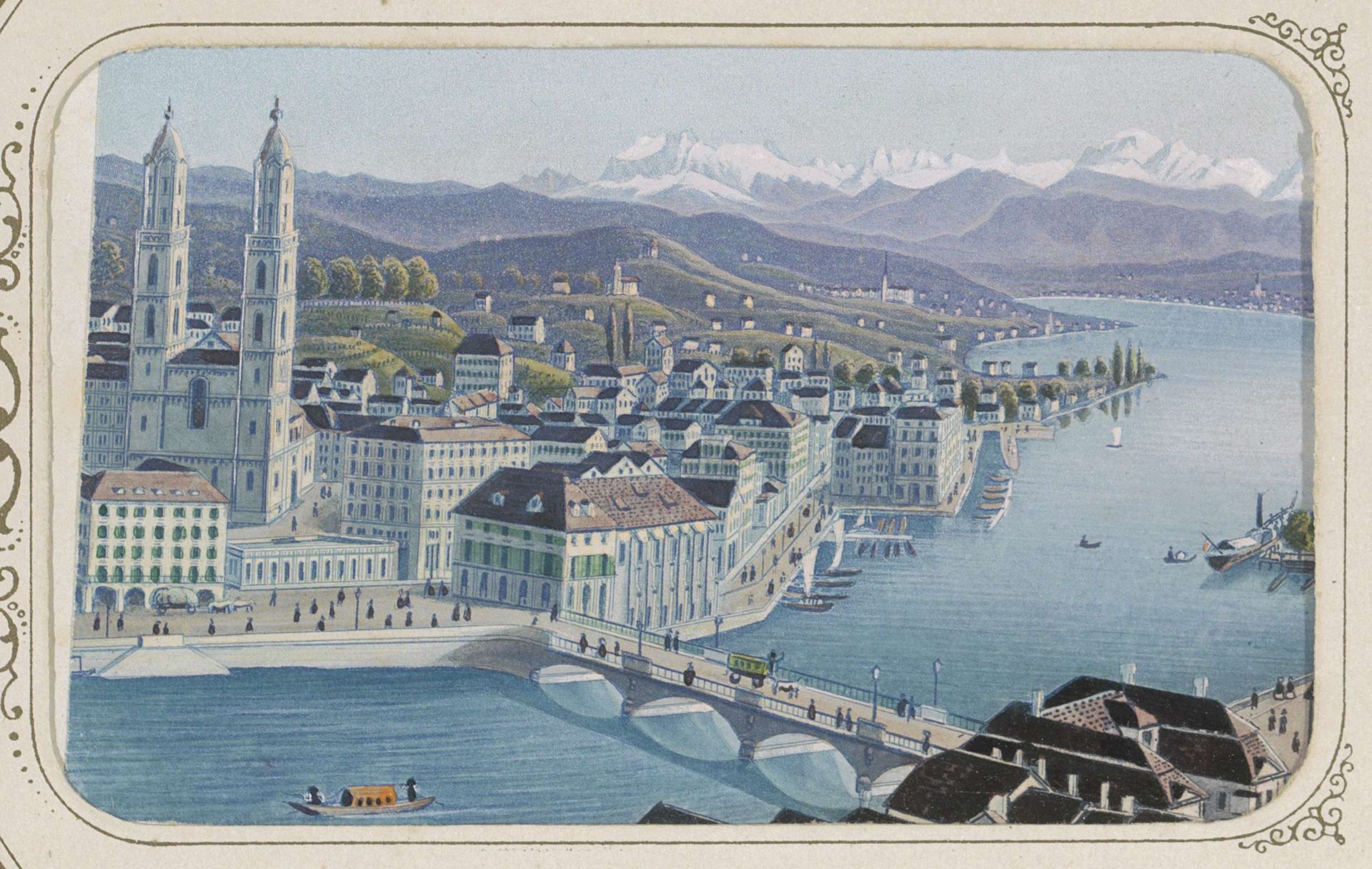 Gezicht op de stad Zürich met op de voorgrond kerken en een brug by Rudolf Dikenmann