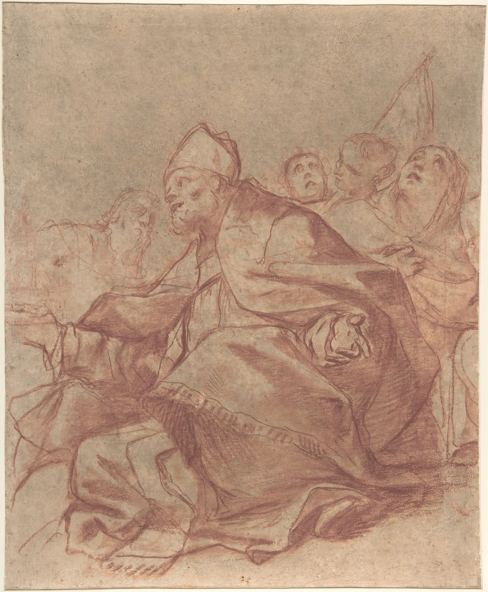 Seated Bishop with Arms Extended and Three Attendant Figures (recto); Head of a Lion and Perspective Diagrams (verso) by Mattia Preti