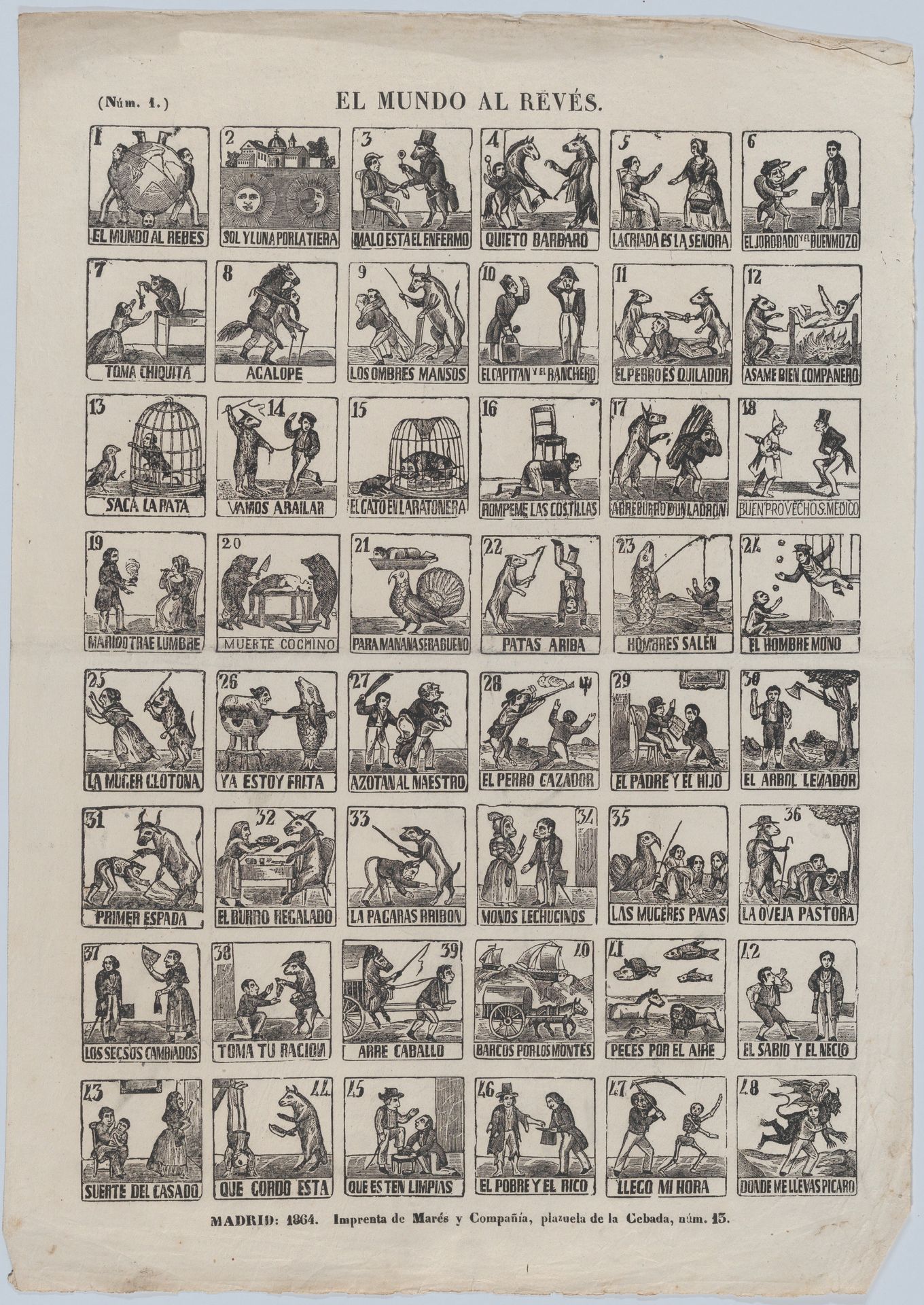 Broadside with 48 scenes relating to the world upside down by José María Marés