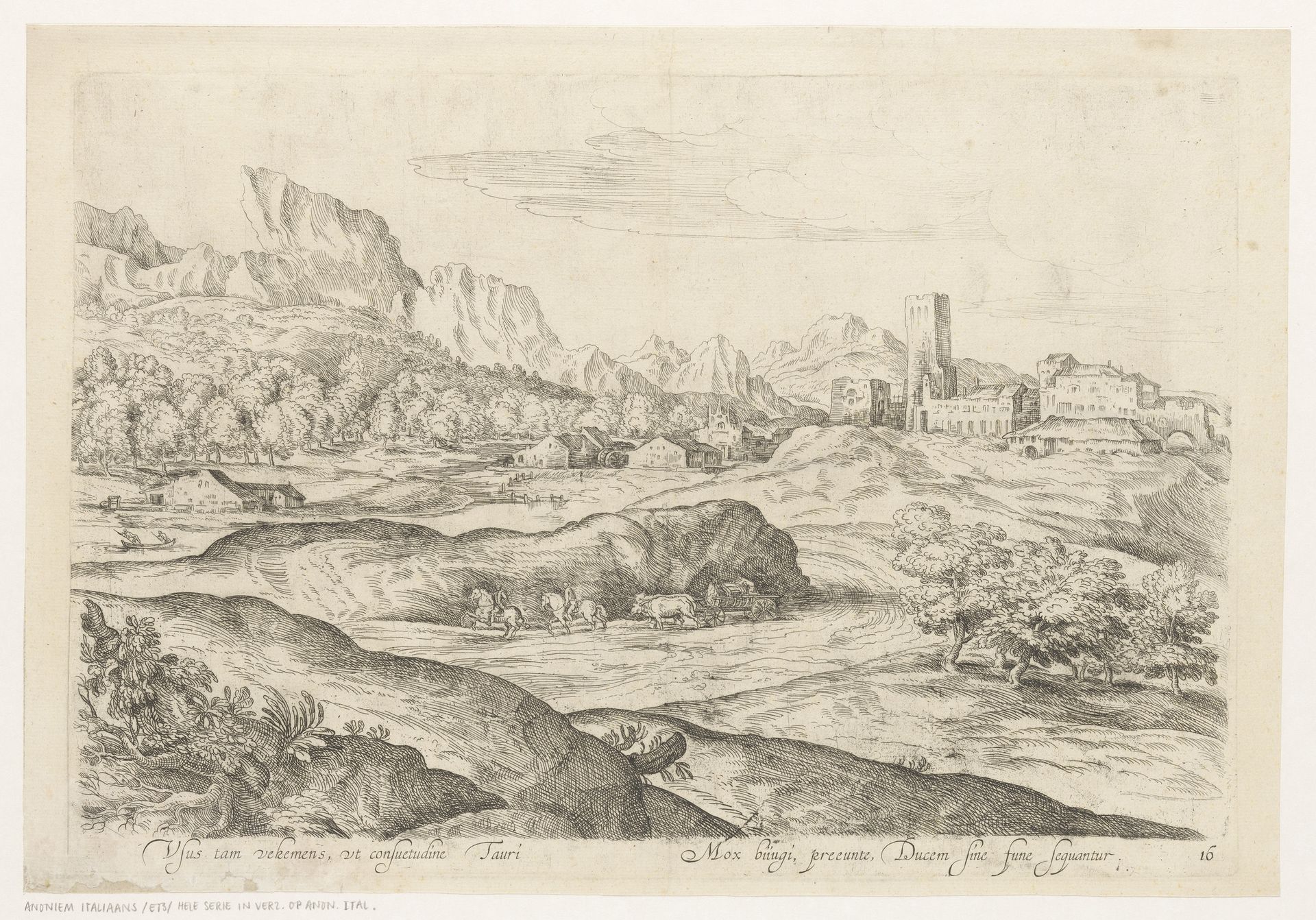 Landschap met twee ruiters en een ossenwagen by Anonymous