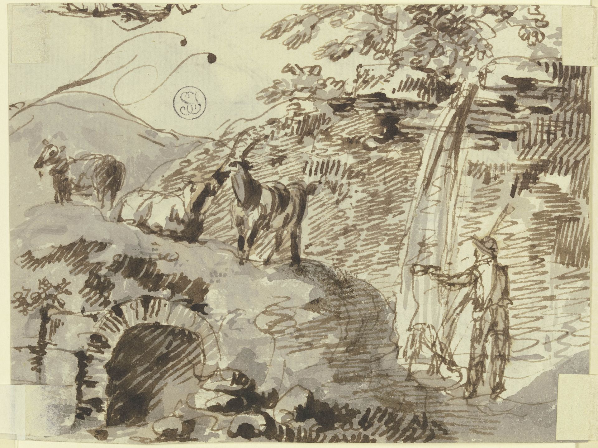 Ein Hirte mit drei Ziegen, Wassser schöpfend by Johann Andreas Herrlein